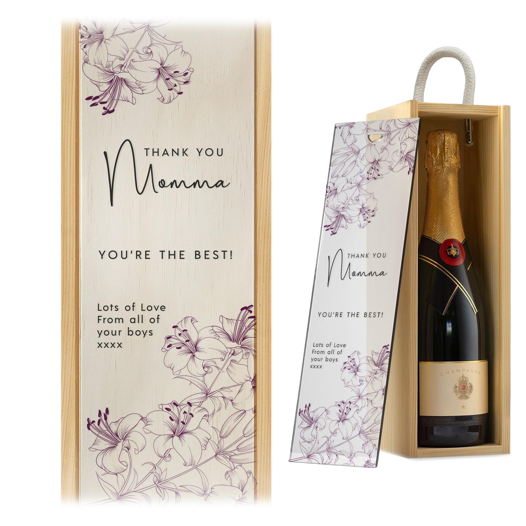 A1 Graphics Ltd Frosted Lid Personalised Wine Box Custom Printed Couples Gift For Mother's Day - Purple Lilies (Frosted Lid)