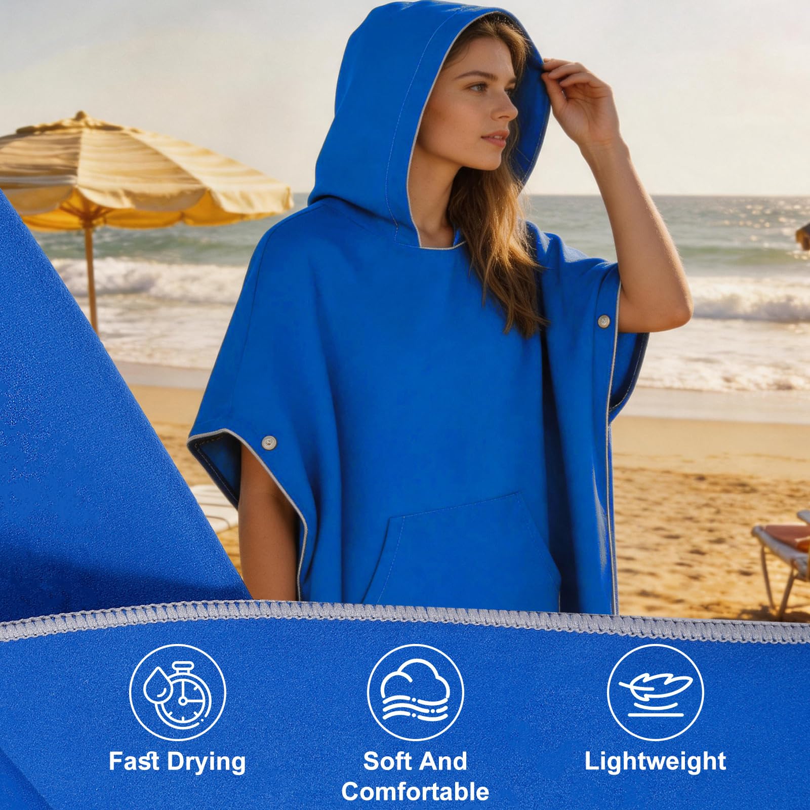 Poncho Surf Microfibra con Capucha, Toalla Poncho Secado Rapido Ligero y Compacto, Albornoz Cambiador Unisex para Playa Natacion Piscina Deportes Acuaticos Surf Viaje (Grande)