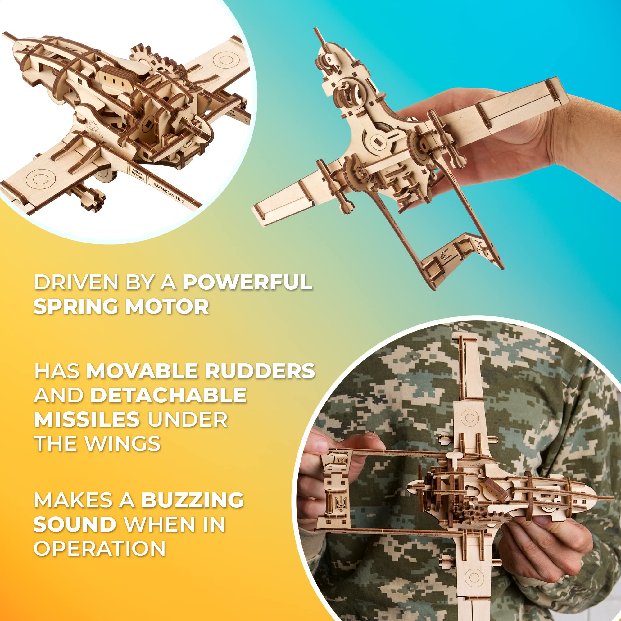 UGEARS Kampfdrohne Bayraktar TB2 Modellbausatz - Holzbausatz Flugzeug Drohne 3D Puzzle mit Ruders, Querruder, Überwachungskamera und lösbarem Flugkörper - DIY 3D Holzpuzzle Erwachsene und Kinder