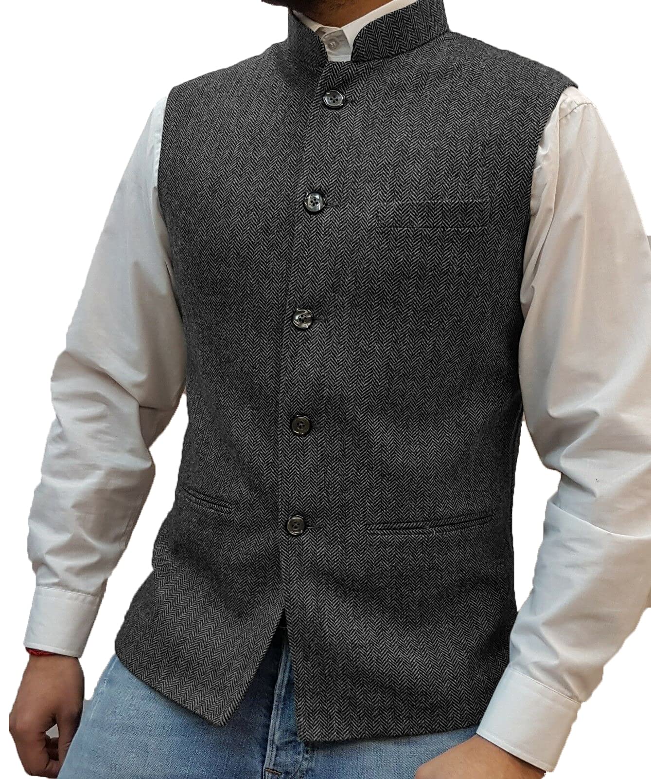 tuikayoo Mens Herringbone Wool Vests Suit Business Tweed High Collar Waistcoats Slim Fit-picture-29