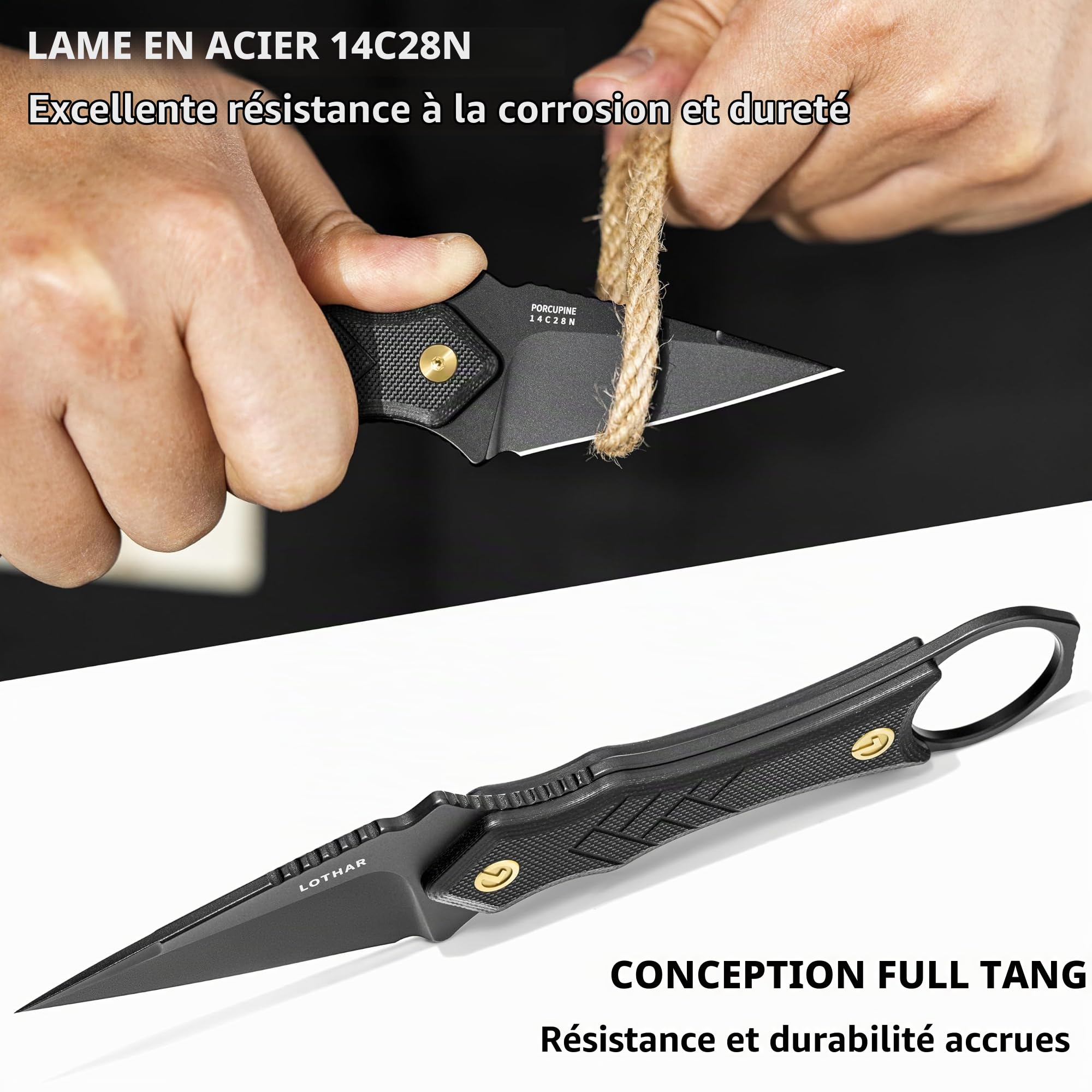 LOTHAR PORCUPINE 14C28N Acier Neck Knife Couteau,42A Fulltang Petit Fixe Avec Manche G10, Couteau d'extérieur Avec étui Kydex et Clip de Ceinture (PORCUPINE Noir)