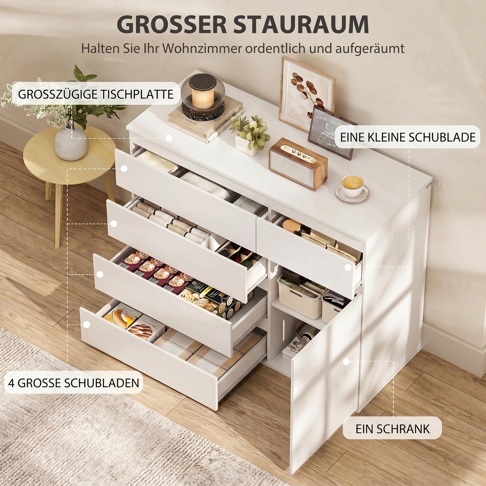 HOMCOM Kommode mit 5 Schubladen, Sideboard Hochglanz Weiß, Schubladenschrank mit verstellbarem Regal und Soft-Close-Tür, für Wohnzimmer und Schlafzimmer, 100 x 40 x 80 cm