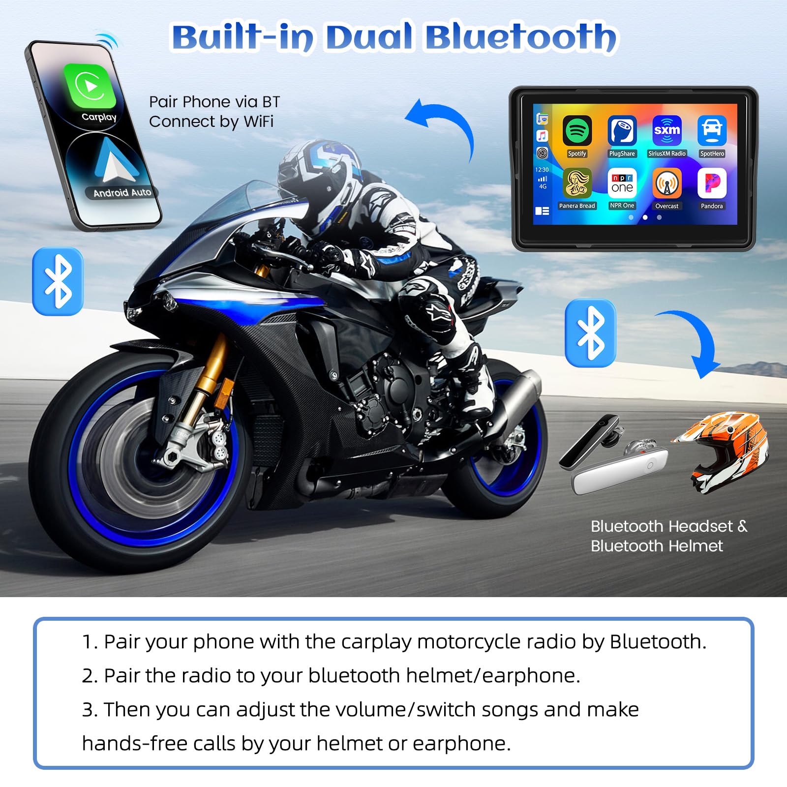 CAMECHO GPS CarPlay Navi Display Moto Senza Fili Android 5 Pollici Impermeabile Touchscreen Doppio Bluetooth EQ