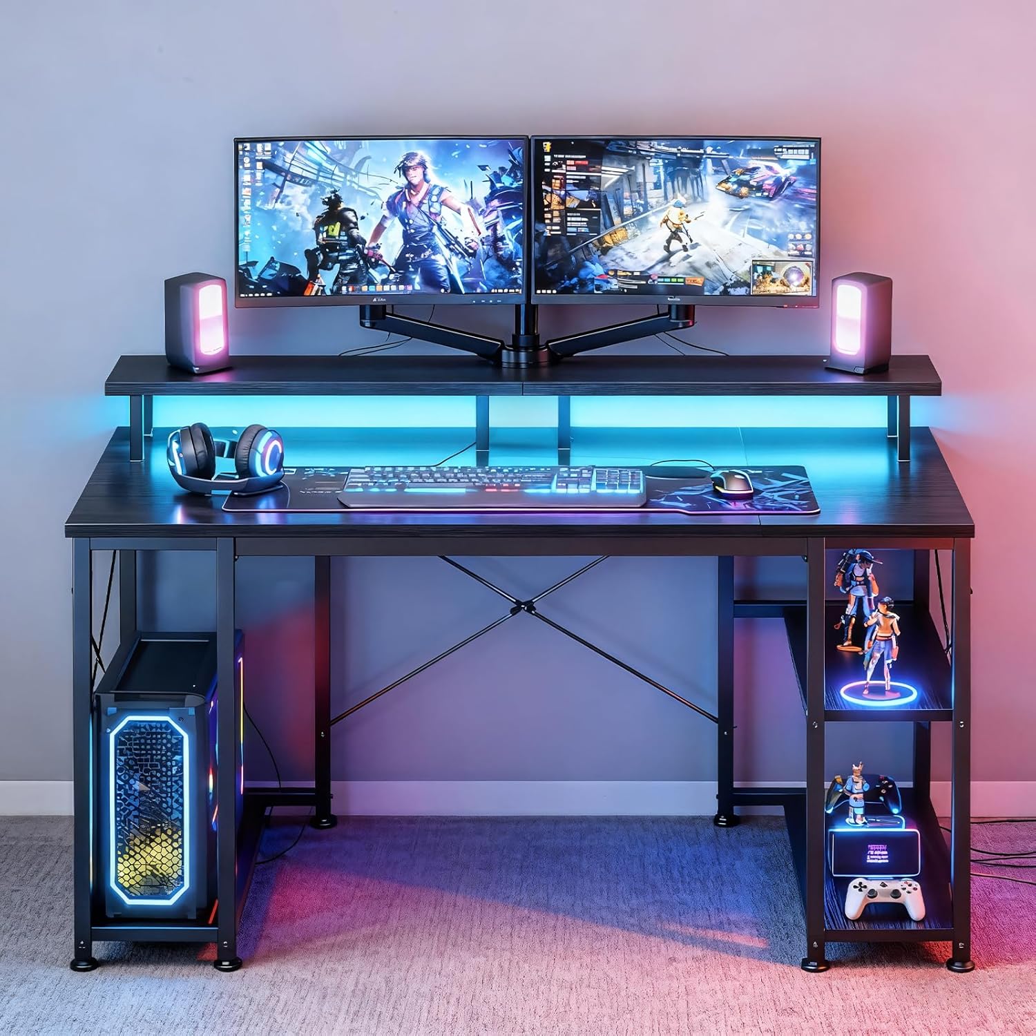 ODK Gaming Desk with Led Lights & Power Outlet, 48 Inch Gaming Computer Desk with Storage Shelves, PC Desk with Monitor Stand, Gamer Desk Table for Home Office, Black - Image 8