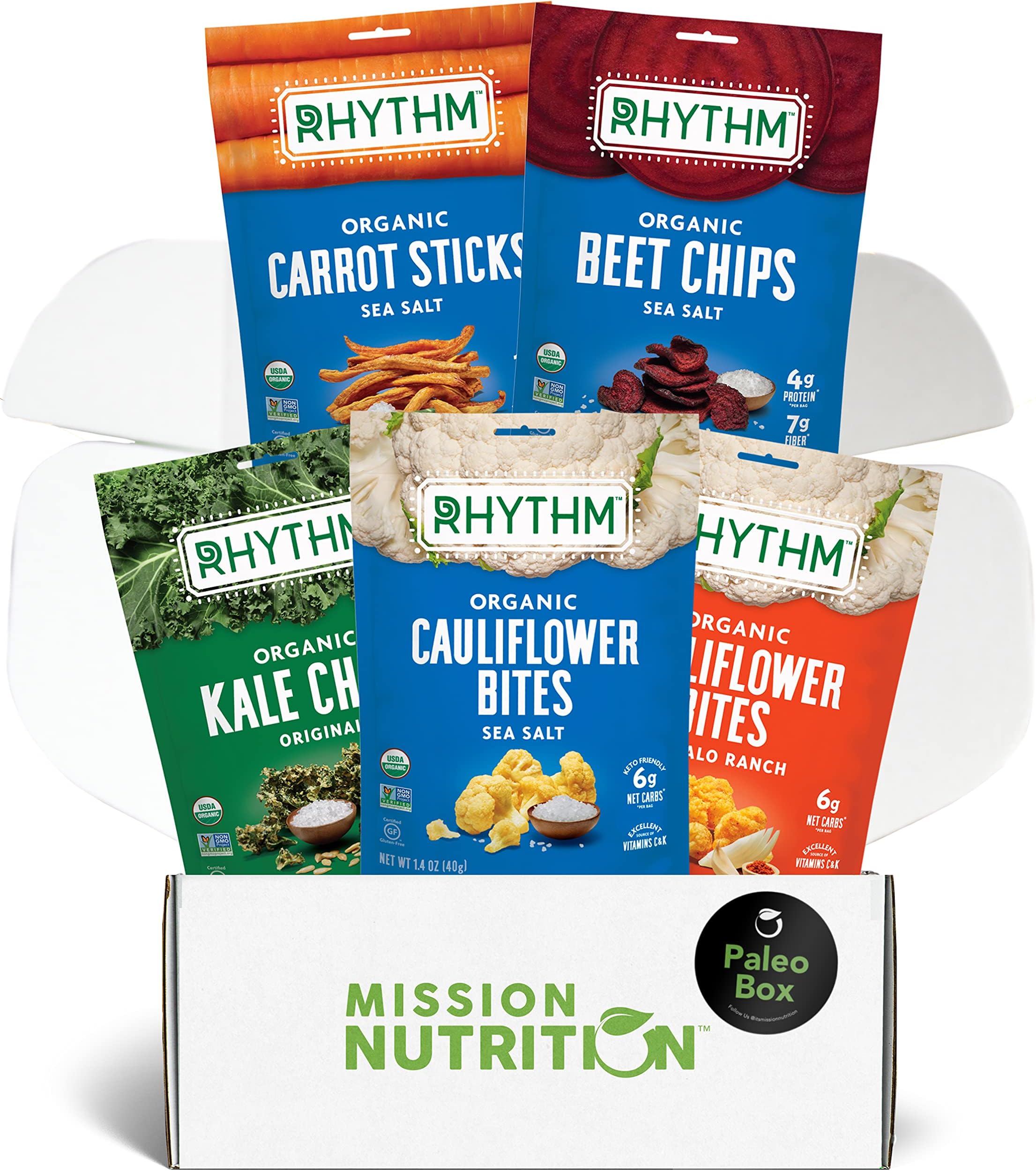 Mission Nutrition Vegan Snack Box: Cauliflower Bites, Kale Chips, Beet Chips, Carrot Sticks (Variety Box) Gluten-Free Snacks