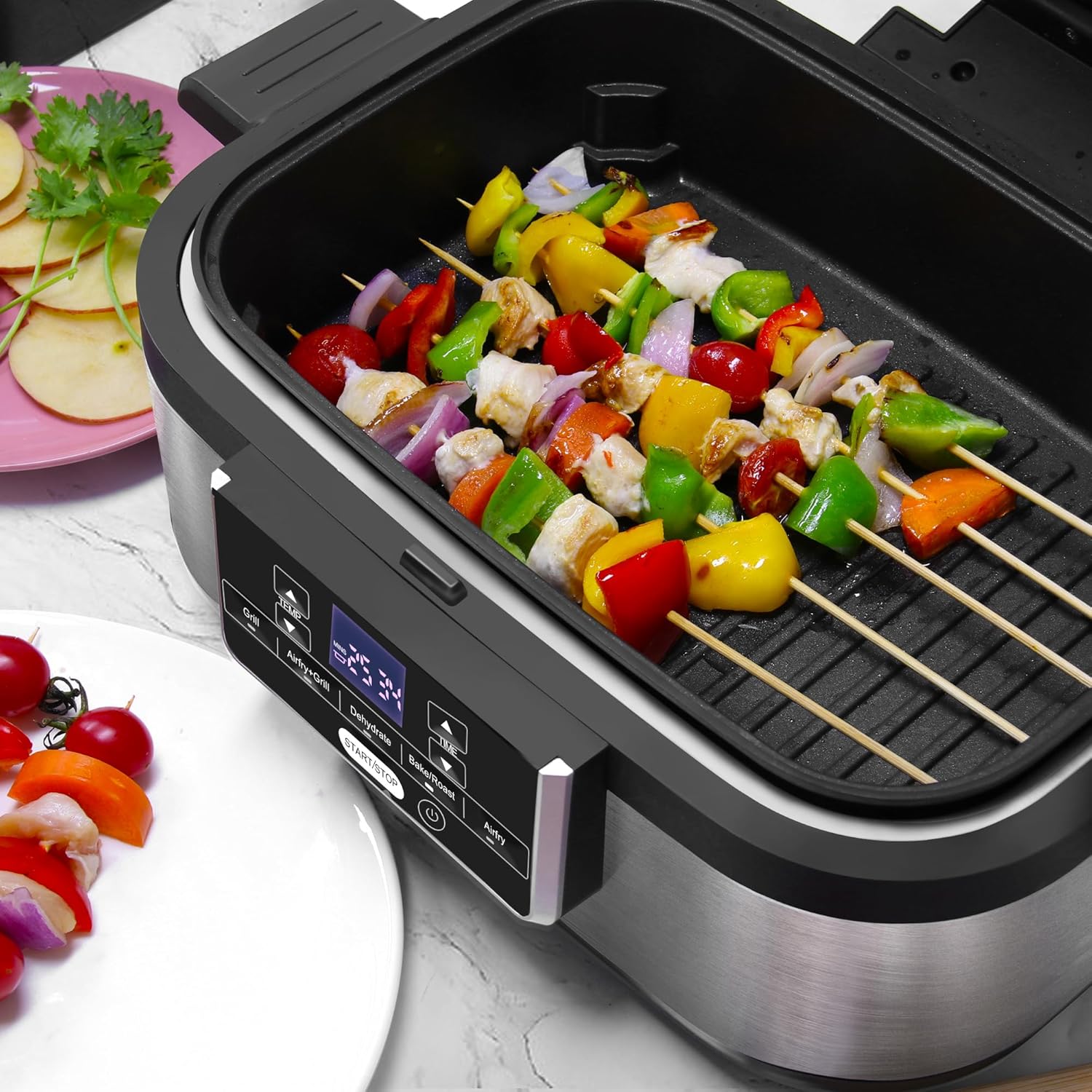 Griglia e Friggitrice ad Aria, 6 Funzioni di Cottura, Friggitrice Aria, Grigliare, Friggere, Disidratare, Cuocere al forno, Display Touch a LED Griglia e Friggitrice ad Aria, 6 Funzioni di Cottura, Friggitrice Aria, Grigliare, Friggere, Disidratare, Cuocere al forno, Display Touch a LED