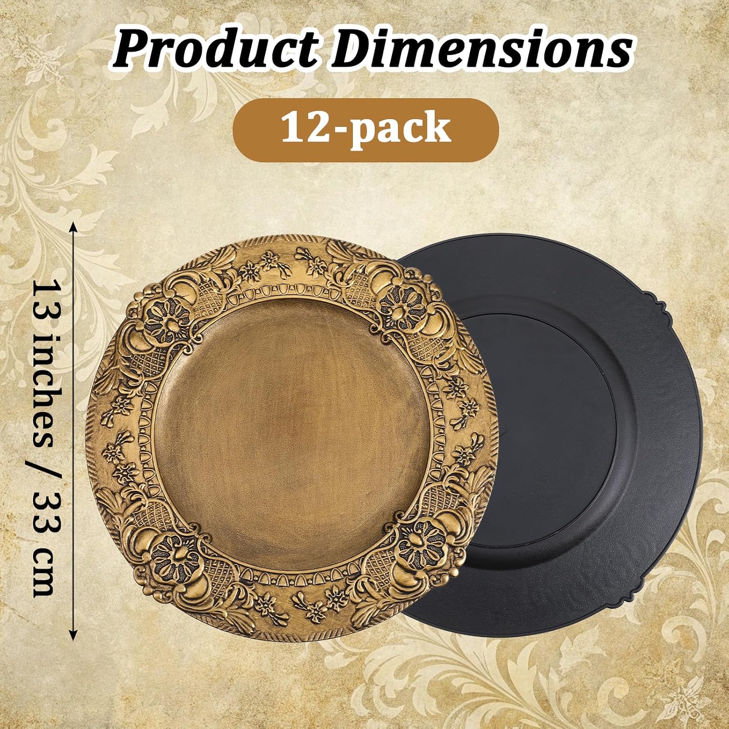12 Pcs Antique Gold Charger Plates Bulk, 13 Inch Round Plastic Gold Chargers Plates, Decorative Vintage Charger Plate with Embossed Rim for Wedding, Event, Dinner, Table Decor