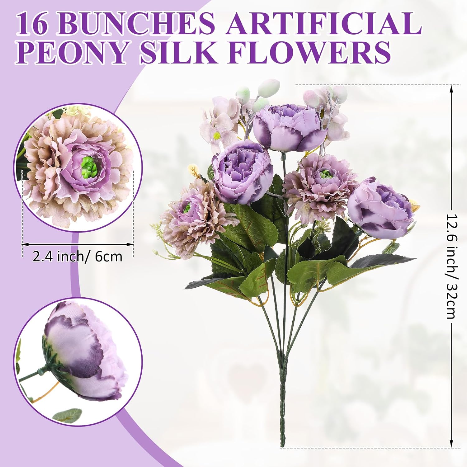 Crowye 16 Bundles Artificial Peony Silk Flower Hydrangea Fake Peony Bouquet Elegant Faux Flowers with Stems for Wedding Table Centerpiece Party Home DIY Decoration (Purple)