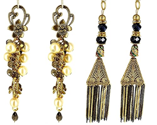 Kreations Handmade Womens Ethnic Hanging Combo latkan of Bronze and Black Beads Chain for Blouse, lehenga, Gown and Dress latkan for Women and Girls