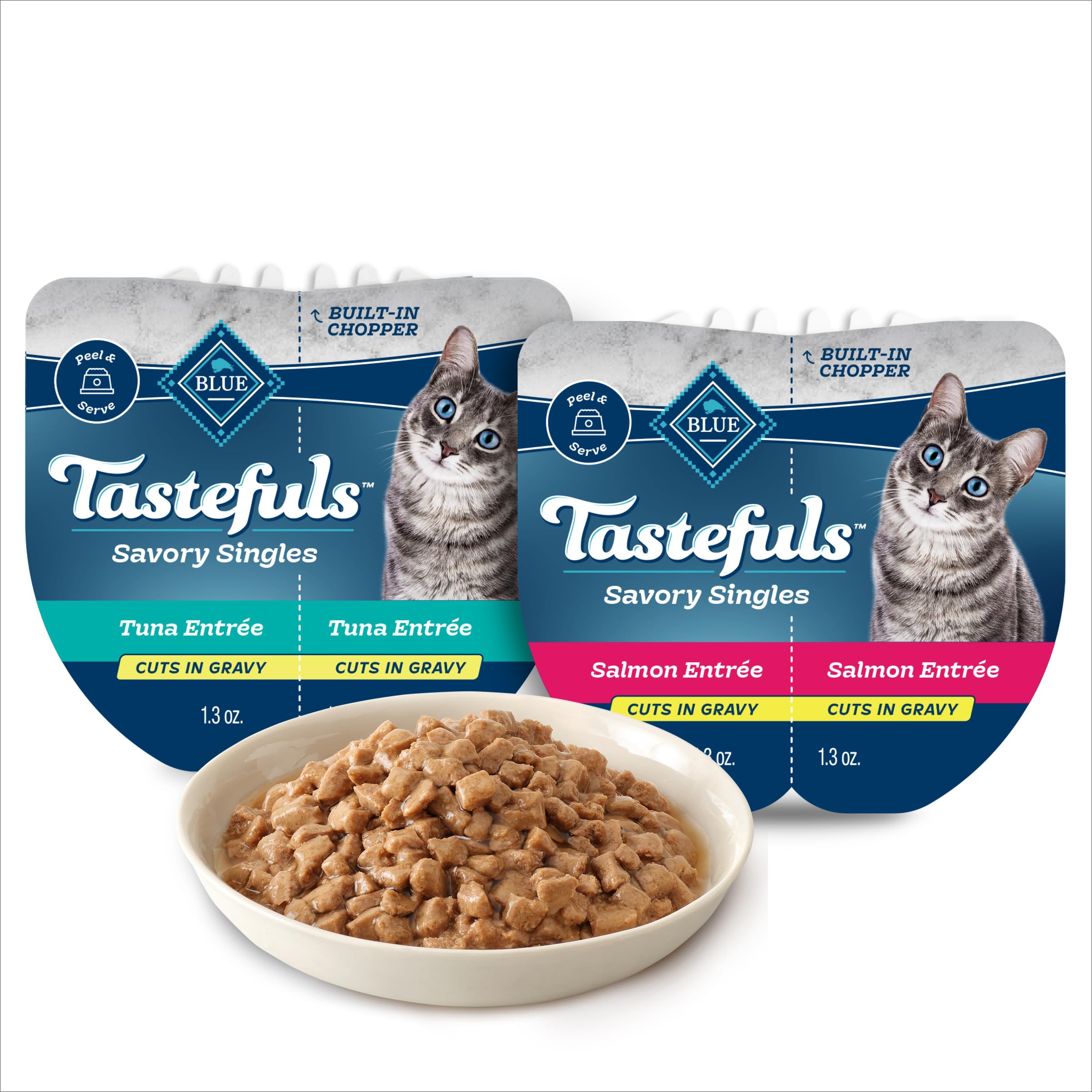Blue Buffalo Tastefuls Savory Singles Natural Wet Cat Food Cuts in Gravy, Salmon and Tuna Variety Pack, 2.6-oz. Trays, 12-Count