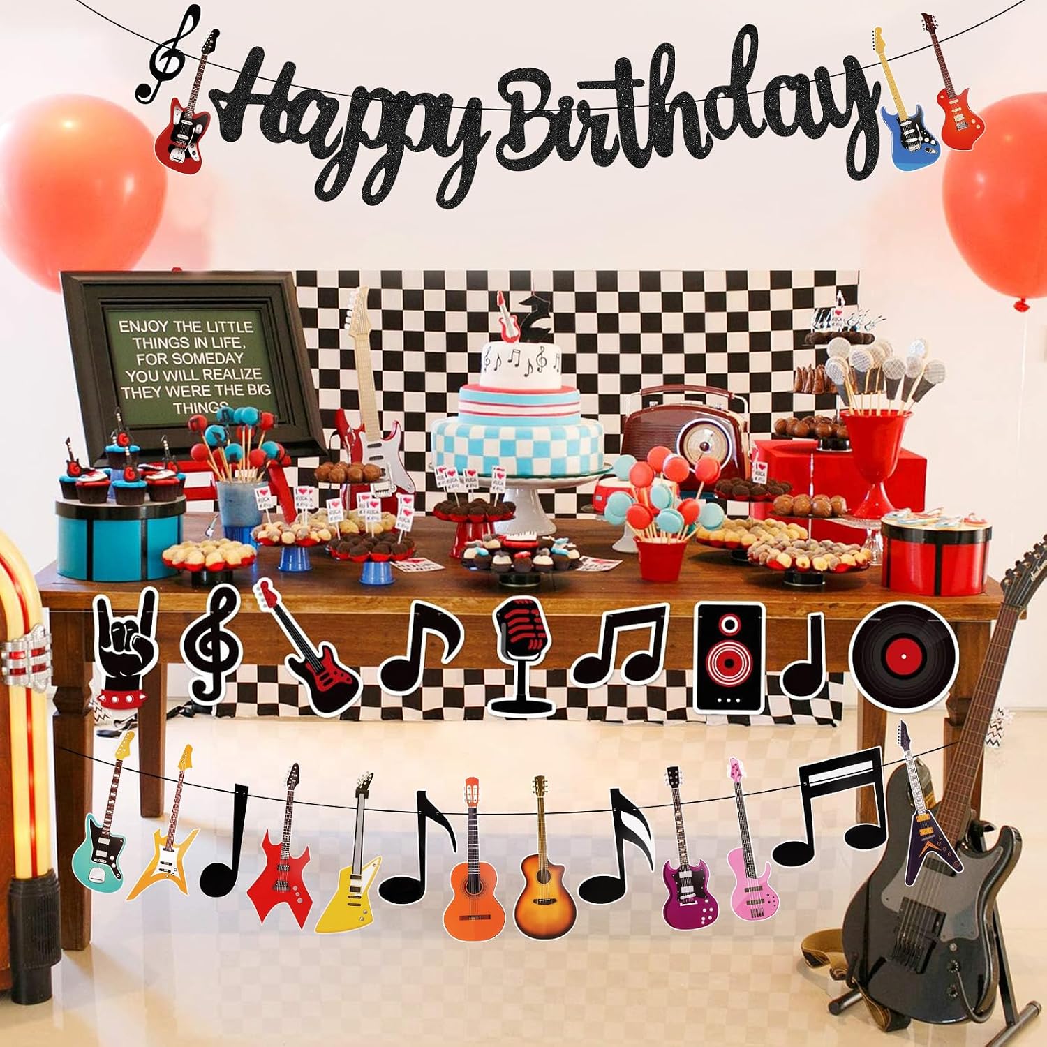 2 Pcs Guitar Happy Birthday Banner Music Theme Party Backdrop Decorations Guitar Cutout Banner for Rock and Roll Party Decor