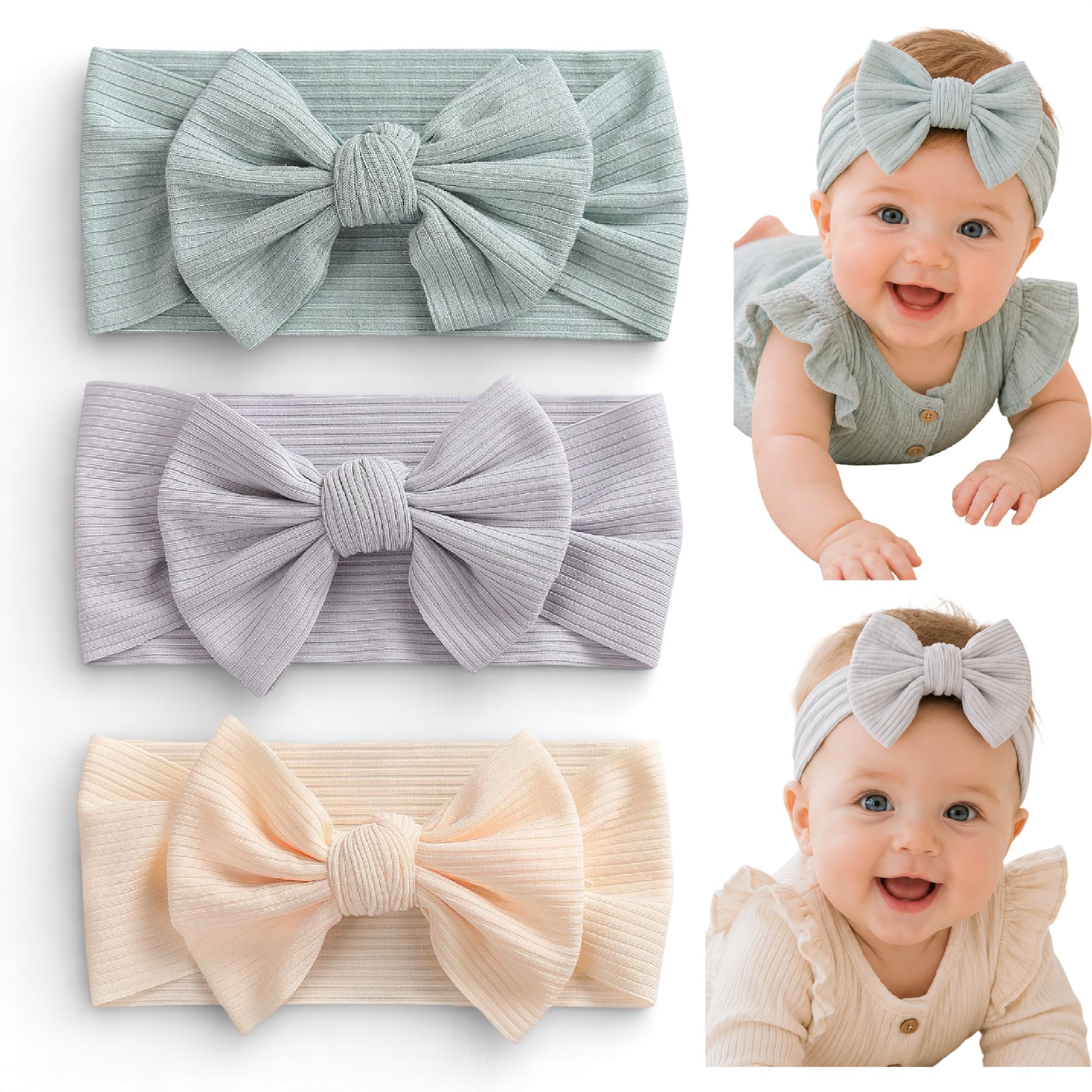 OULYMORE Baby Girl Headbands, 3 Pack Soft Nylon Ribbed Bow Headbands for Newborn Infant Toddler Girls, Stretch Elastic Hair Accessories (0-3 Years) (Soft Pastels)