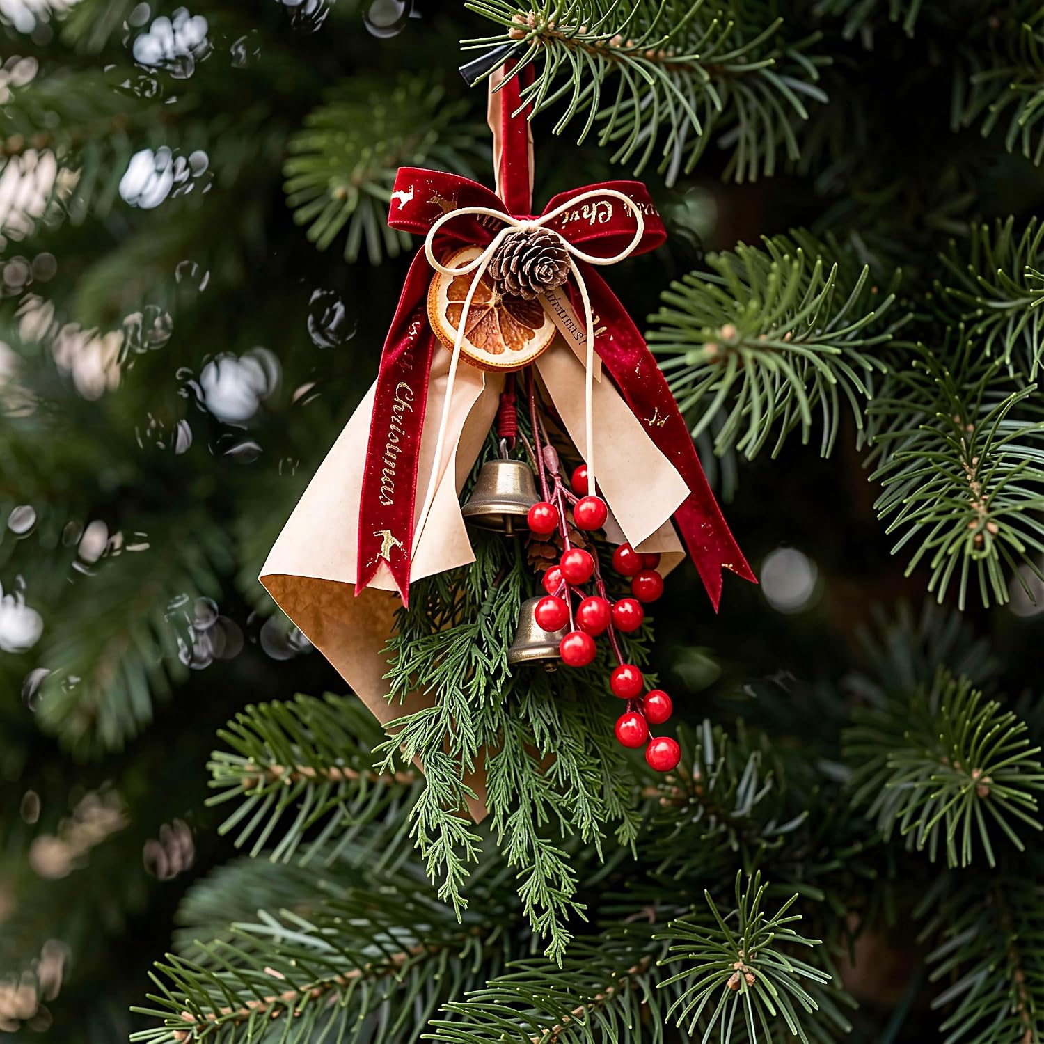 VOSAREA Christmas Teardrop Swag Garland with Pine Berries Bells and Bow, Artificial Christmas Wreath for Front Door and Wall Hanging, Space-Saving Holiday Decor for Home