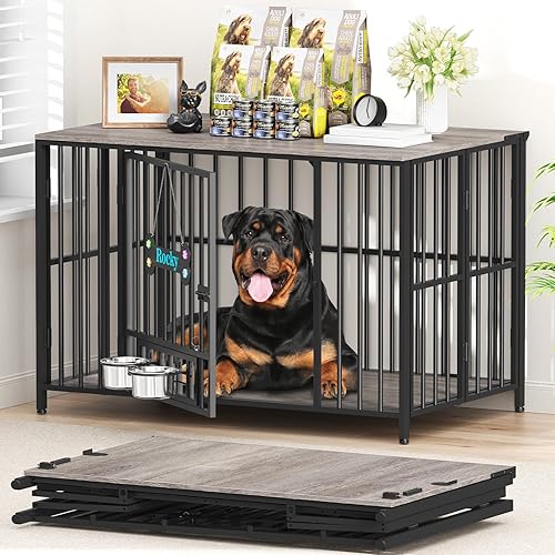 Easycom 43" Dog Crate Furniture Foldable, No Assembly Decorative Dog Kennel Indoor, XL Dog Crates for Large Dogs (60-80 lbs), Wooden Dog Cage with Adjustable Bowls and Name Tag, Oak Grey