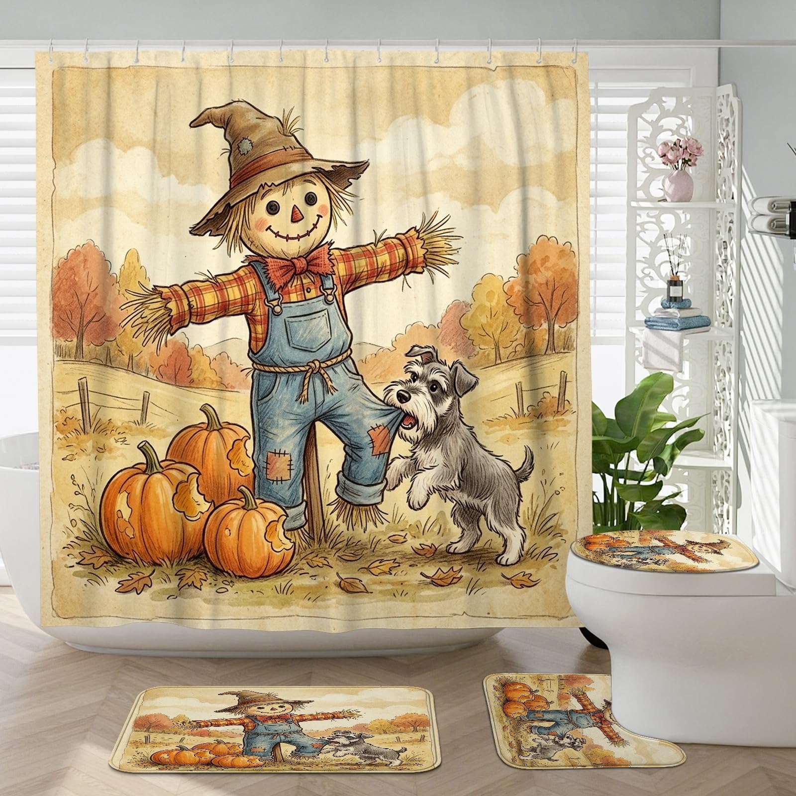 Tapis en forme de U Schnauzer et ensemble de bain 4 pièces avec tissu motif automne