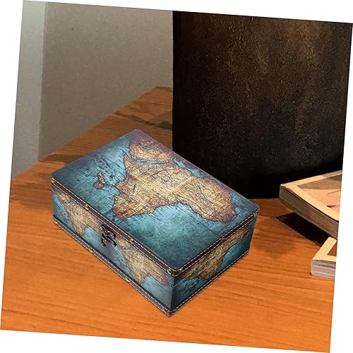 Miniatura 5 de Caja de almacenamiento de madera de estilo antiguo con diseño de mapa, organizador de recuerdos vintage para joyas, baratijas y documentos, baúl
