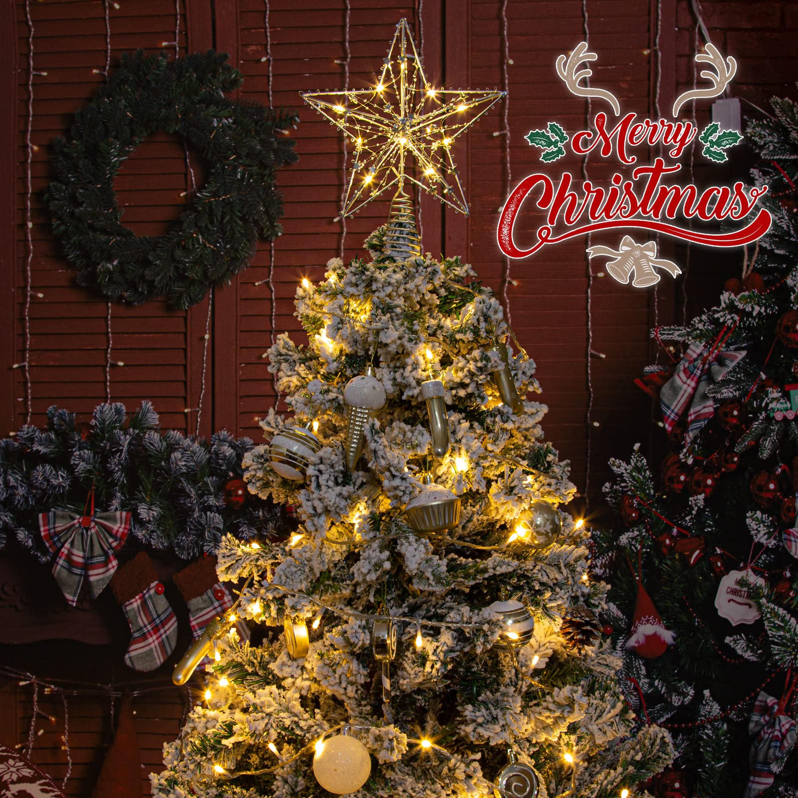 LAWOHO Christmas Tree Topper Star Decorations, Silver Tree Star Topper 10 Inches, Xmas Tree Topper with 10 LED Lights, Tree Star for Christmas Tree Ornaments Indoor Home Decor