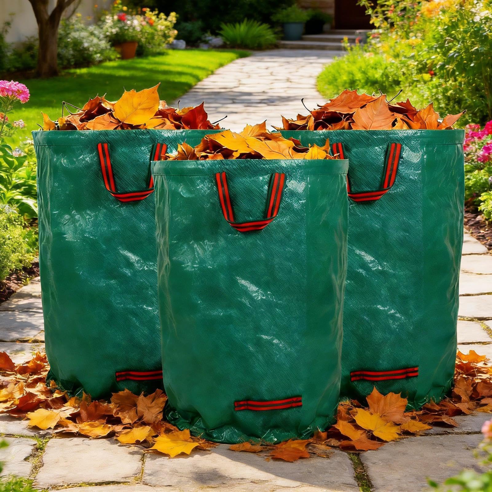 Bolsa para Residuos de Jardín 3 unidades recogedor de residuos | Bolsas para hojas con asas reforzadas para camping, jardinería, limpieza en casa y exteriores