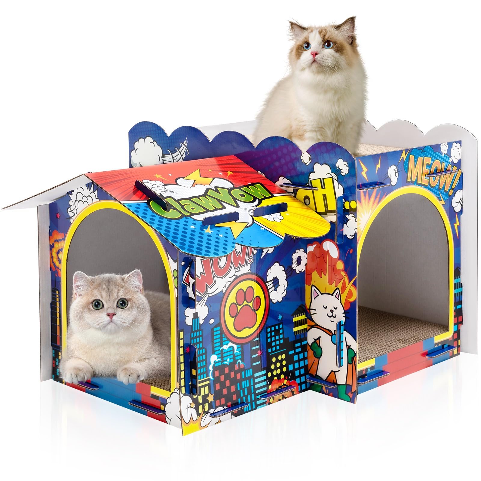 Lineshading 2 Story Cardboard Cat House with Scratcher Pad, Multi Level Durable Cat Scratcher House for Small Kitten Bunny Rabbit Animals Christmas Birthday Gift(17x12x10,Hero)