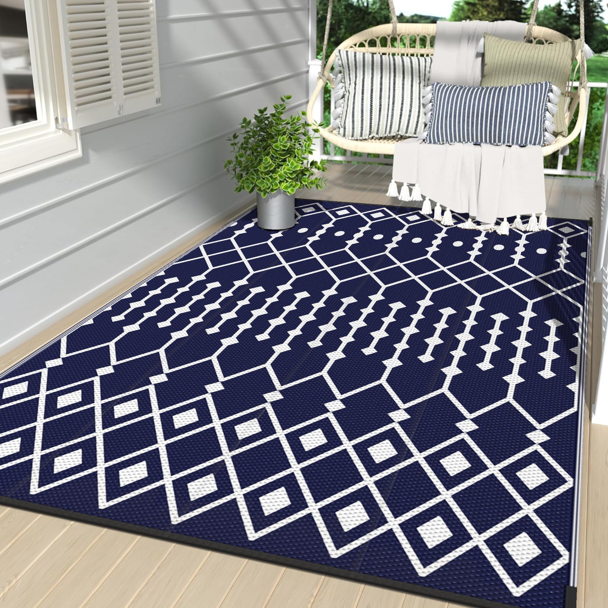 MCOW 5' x 8' Boho Outdoor Rug Waterproof for Patio Decor, Reversible Plastic Straw Rugs Carpet for Backyard, Rv Area Mat Clearance for Outside, Camping, Rv, Deck, Balcony, Blue & White