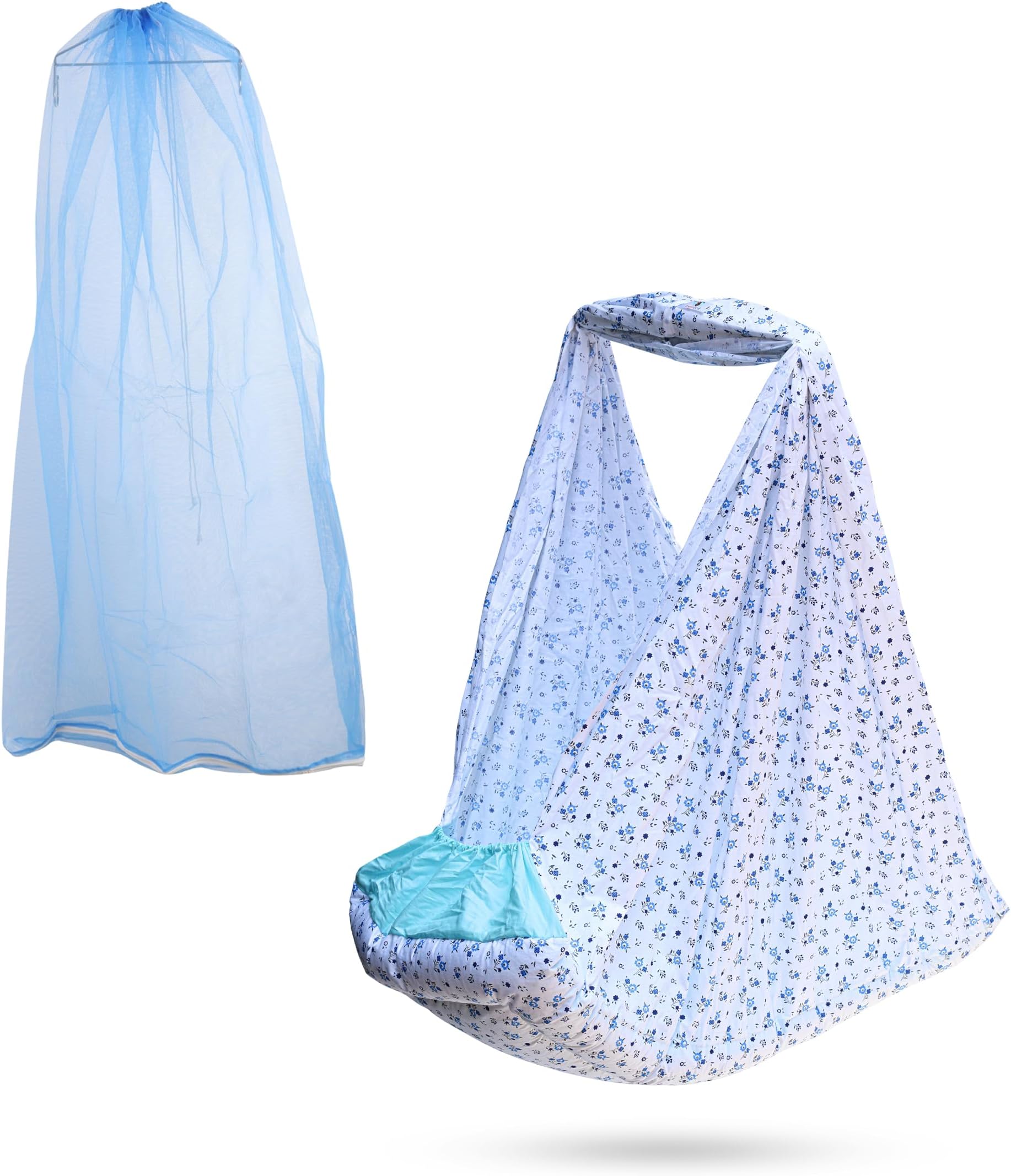 beetot New Born Baby Swing Cradle (Jhula) Cradle Cloth, Removable Mattress Bed & Mosquito Net (No Any Hanger Or Spring| Weight Capacity up to 20kg | Age from 0-12 Months | Cradle (Floral Blue) Cotton