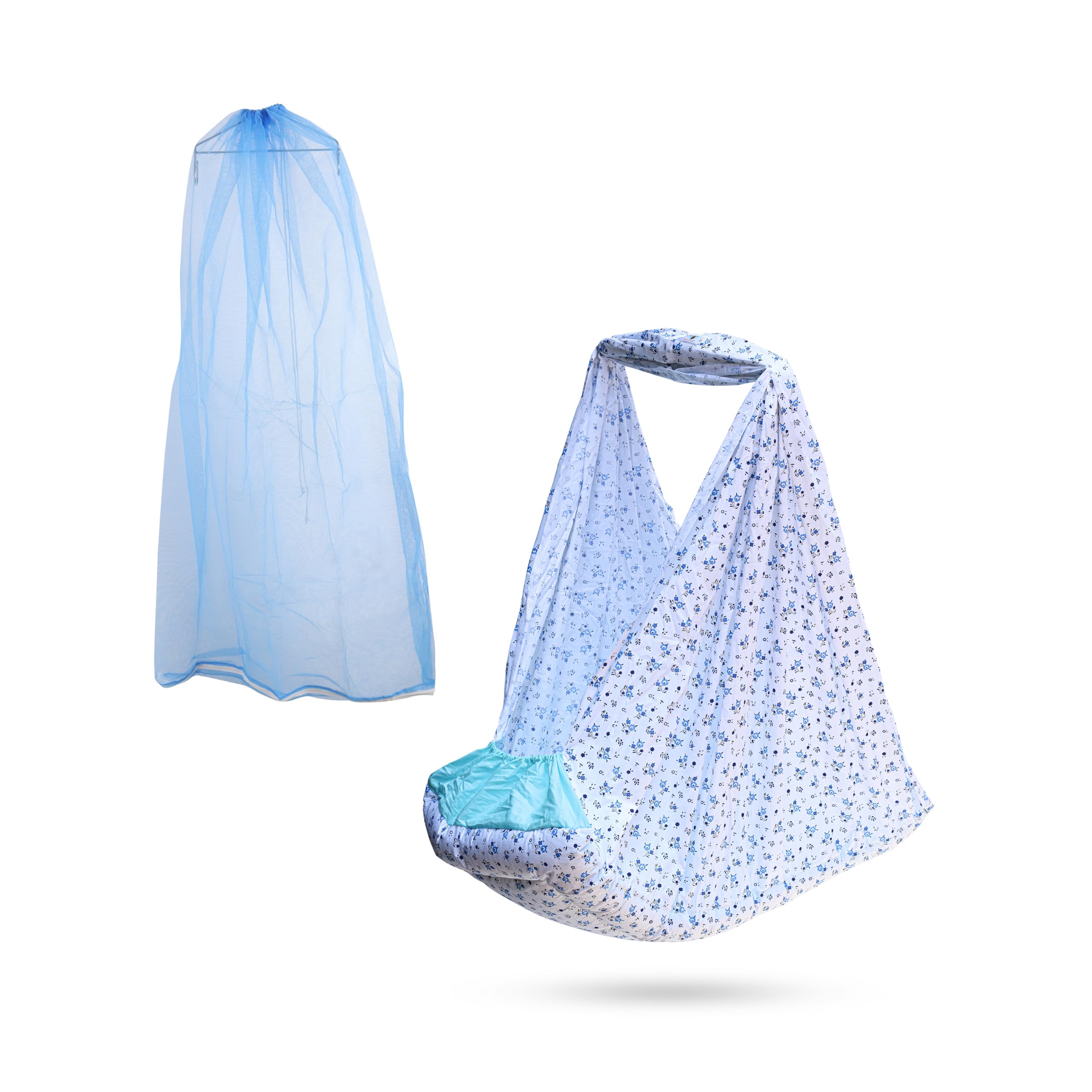 beetot New Born Baby Swing Cradle (Jhula) Cradle Cloth, Removable Mattress Bed & Mosquito Net (No Any Hanger Or Spring| Weight Capacity up to 20kg | Age from 0-12 Months | Cradle (Floral Blue) Cotton