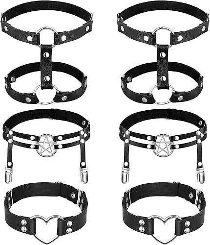 6 ligueros ajustables con clips antideslizantes, anillo elástico punk para muslo, liguero en forma de estrella en forma de corazón, 2 filas para