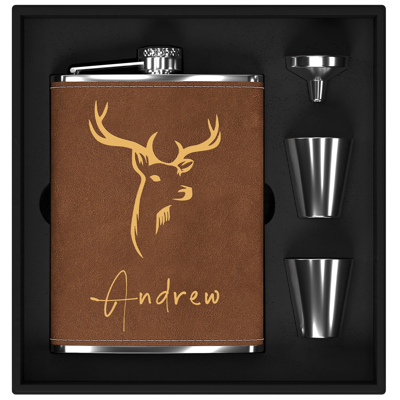Custom Flask Gift Set for Men - 8 oz, 304 Stainless Steel Personalized Flask with 'Deer' Icon for Hunting, Travel, Hiking, Climbing (Brown)