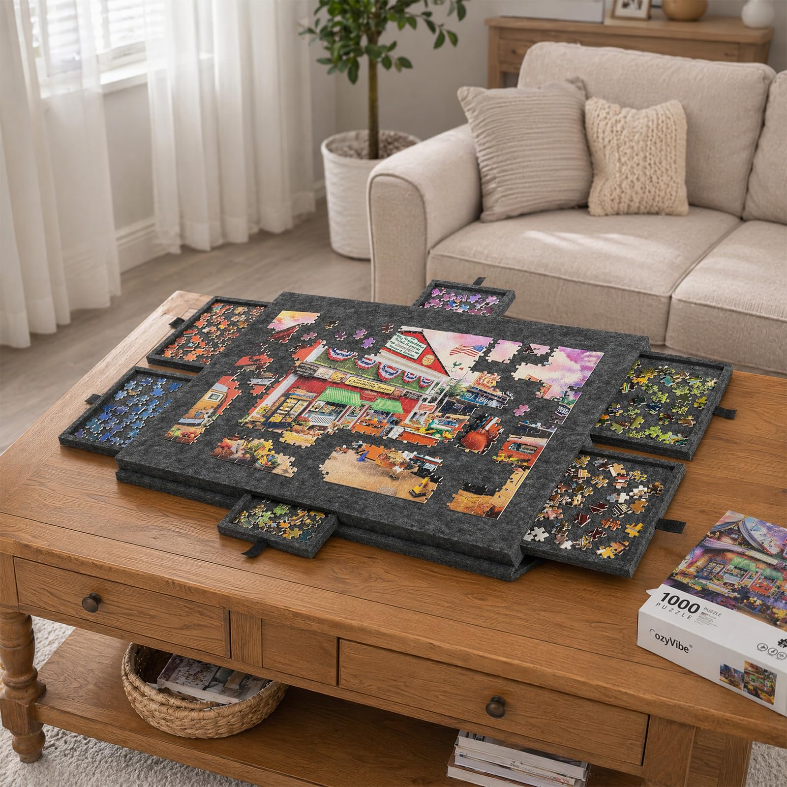 Tablero de Rompecabezas inclinable,77x54cm Mesa para Rompecabezas Adulto | con Tapa y 6 Cajones,Organizador de Rompecabezas 1000 Piezas con Superficie de Fieltro Antideslizante,Gris oscuro