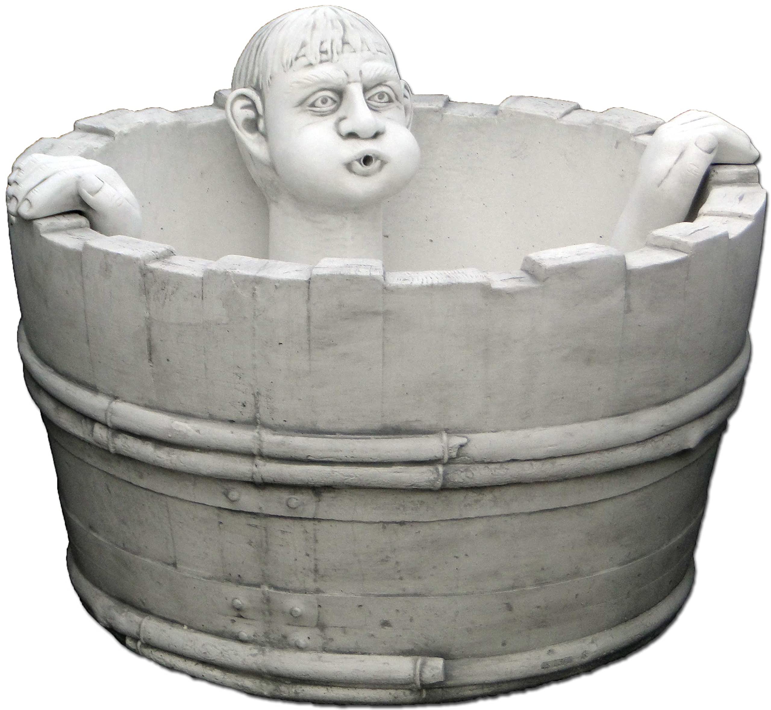 Fontana da giardino, piccolo stagno, con circuito d'acqua chiuso, in pietra fusa, uomo che fa il bagno nella vasca.