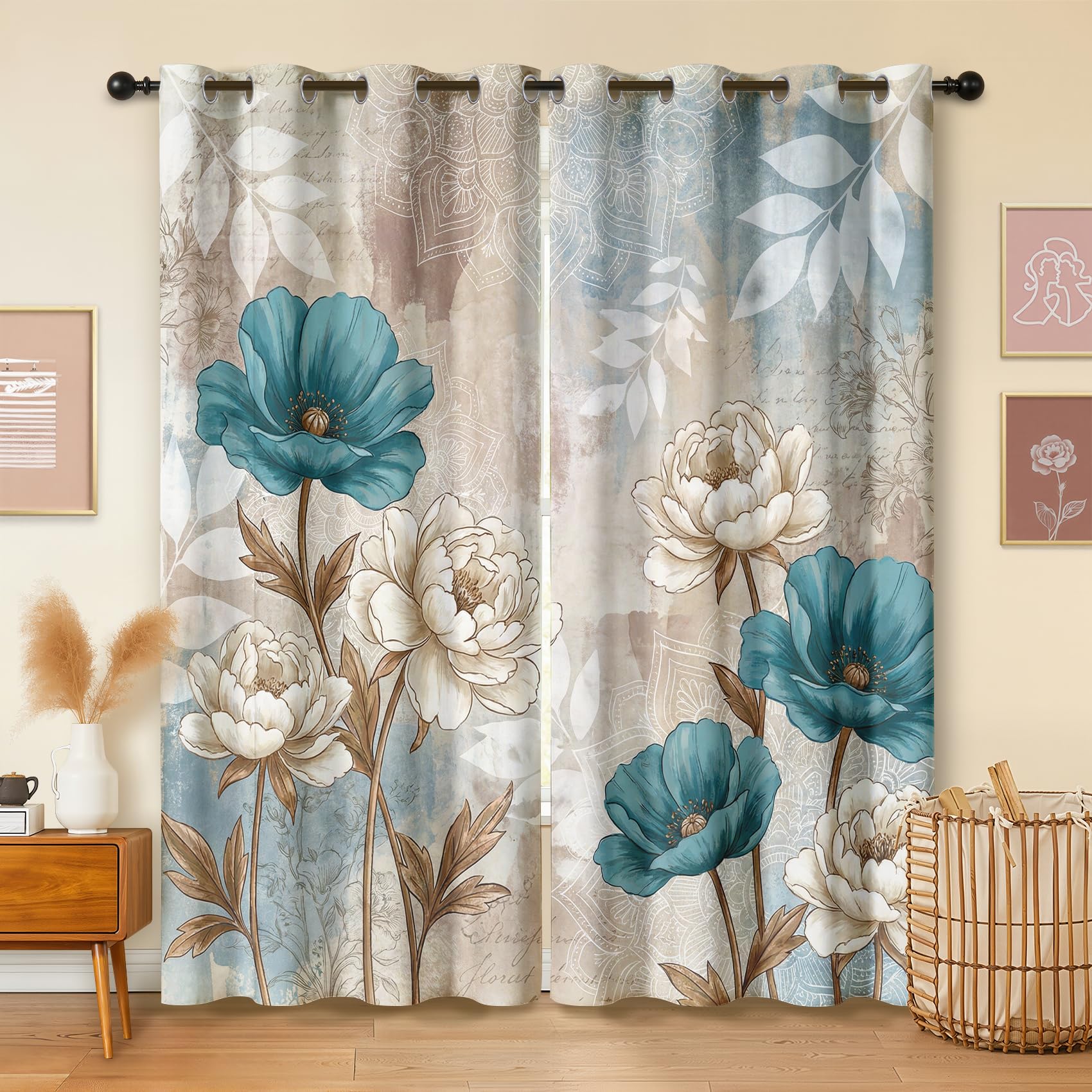 Havenix Teal and Cream Vintage Floral Blackout Curtains for Bedroom Living Room, Watercolor Peony Patterned Curtains 66x72, Thermal Insulated Eyelet Drapes for Windows, 2 Panels