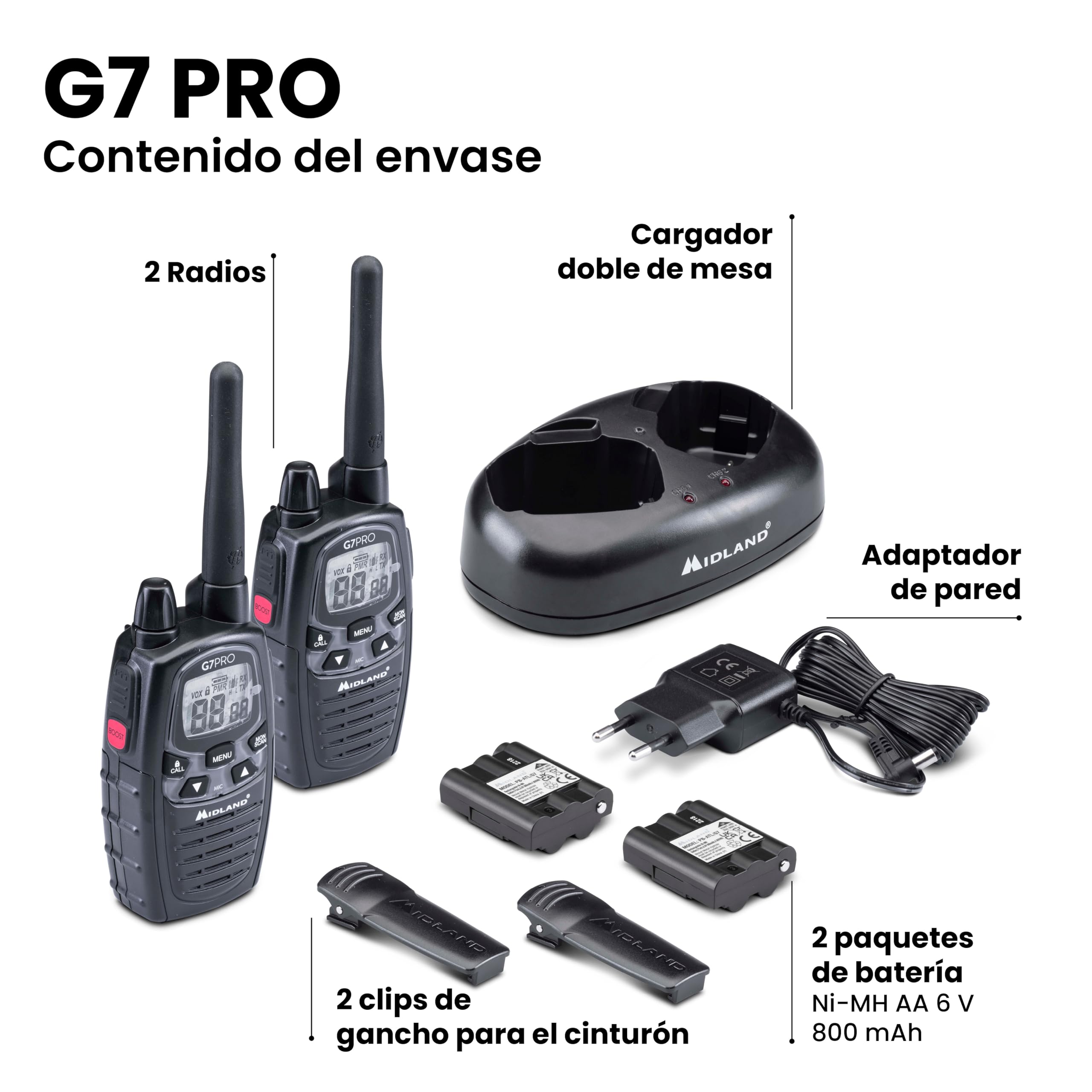 Midland - Walkie Talkie Profesional Largo Alcance G7 PRO, 2 Radioaficionados Softair y Outdoor, 85 Canales - 16 PMR446/69 LPD Sin Licencia, Cobertura 10Km, Autonomía 18H, Pilas Recargables, Accesorios