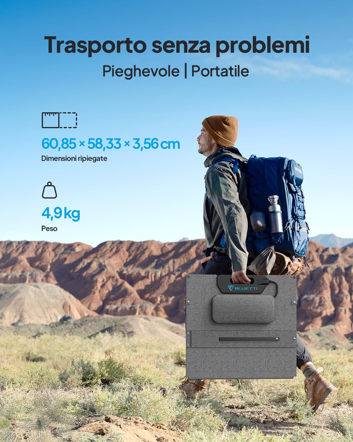 BLUETTI 100 Watt Pannello Solare per Centrale Elettrica EB3A AC2A AC70 AC50B AC180 AC200L, Con Supporto Regolabile, Pieghevole e Portatile Per Emergenza, Camper, Campeggio