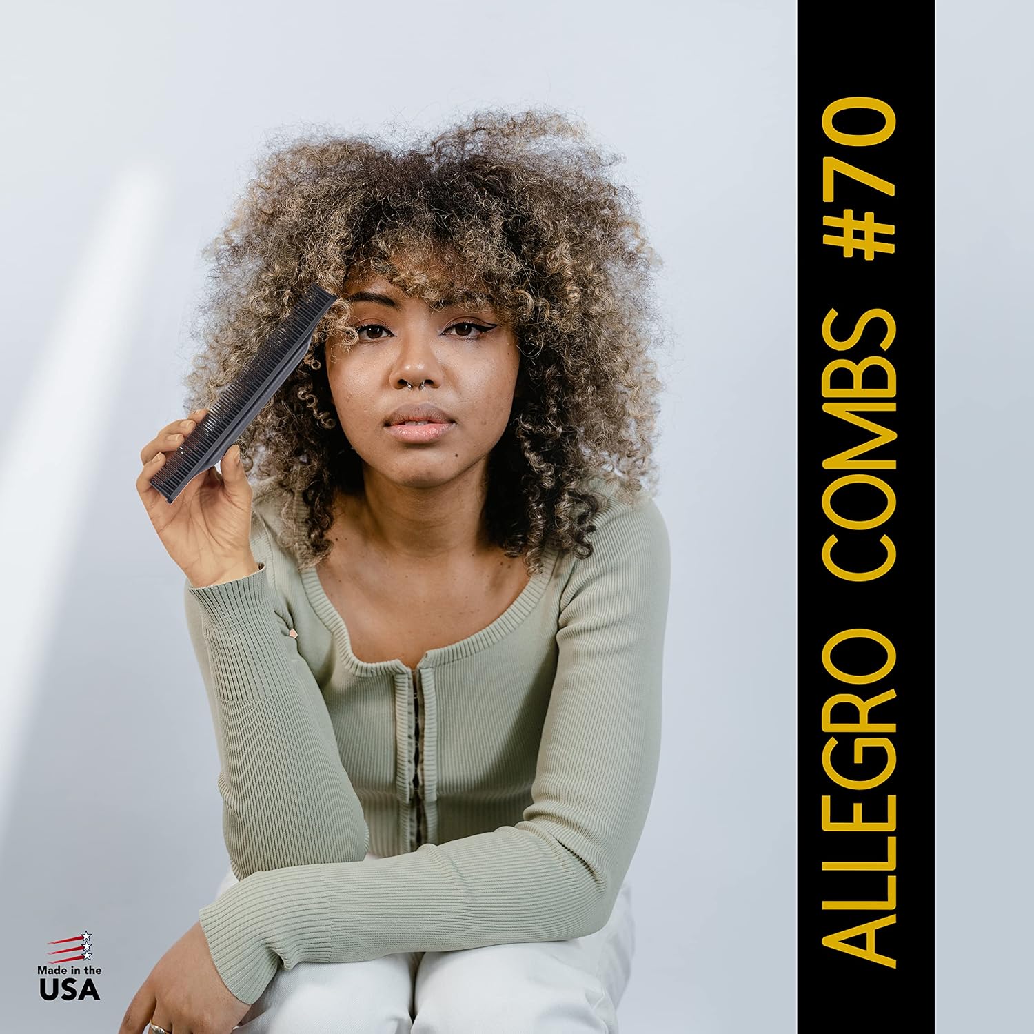 Allegro Combs 3-Row Detangling Comb #70 for Women's Curly Hair, Curl Defining, Wide Tooth, Made in USA, 1 Piece (Black)