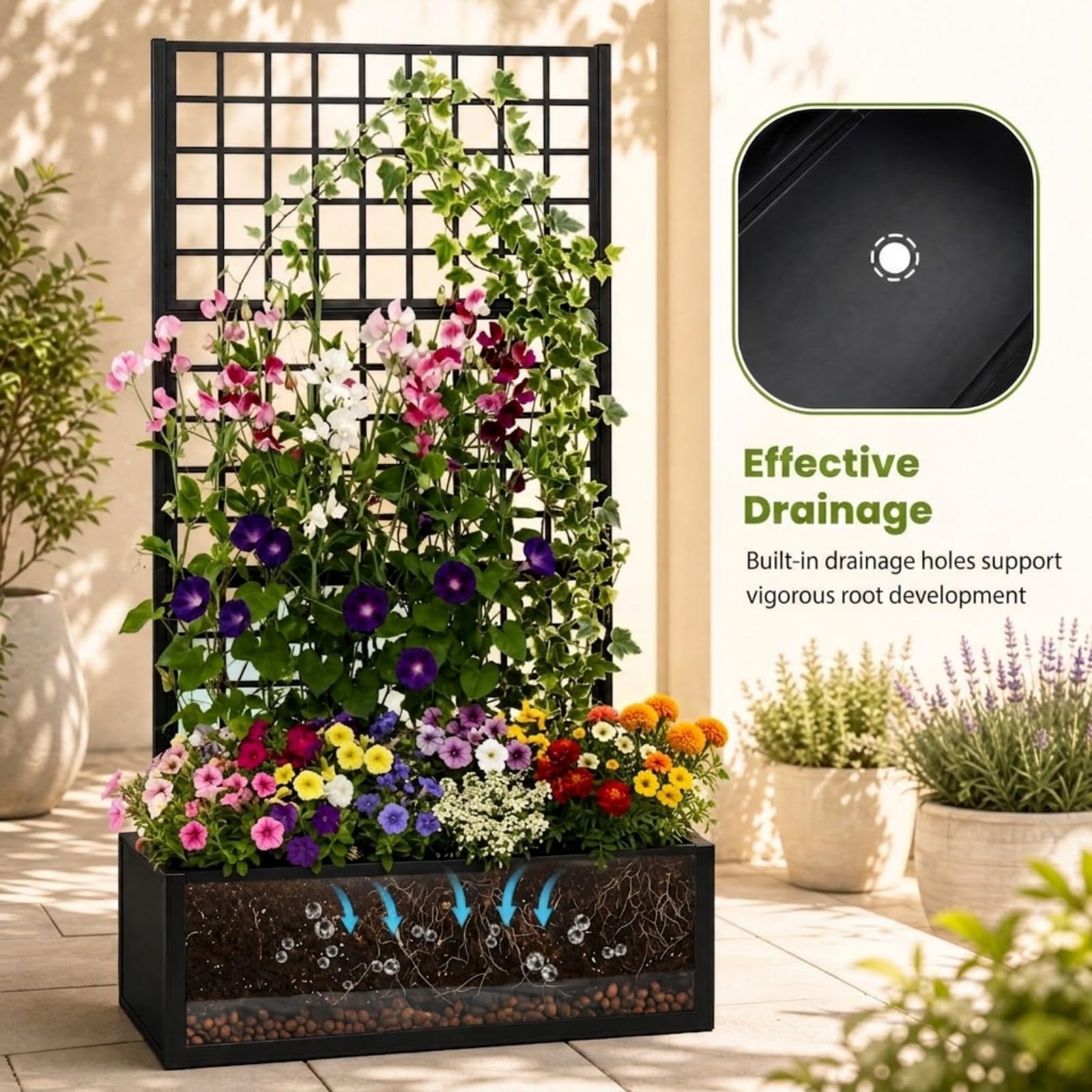 HOMASIS Jardinière avec Treillis en Métal (Rectangle, 90 x 40 x 180 cm) | Bac à Fleurs Surélevé Trous de Drainage pour Plantes Grimpantes, Jardinière Brise-Vue Extérieure