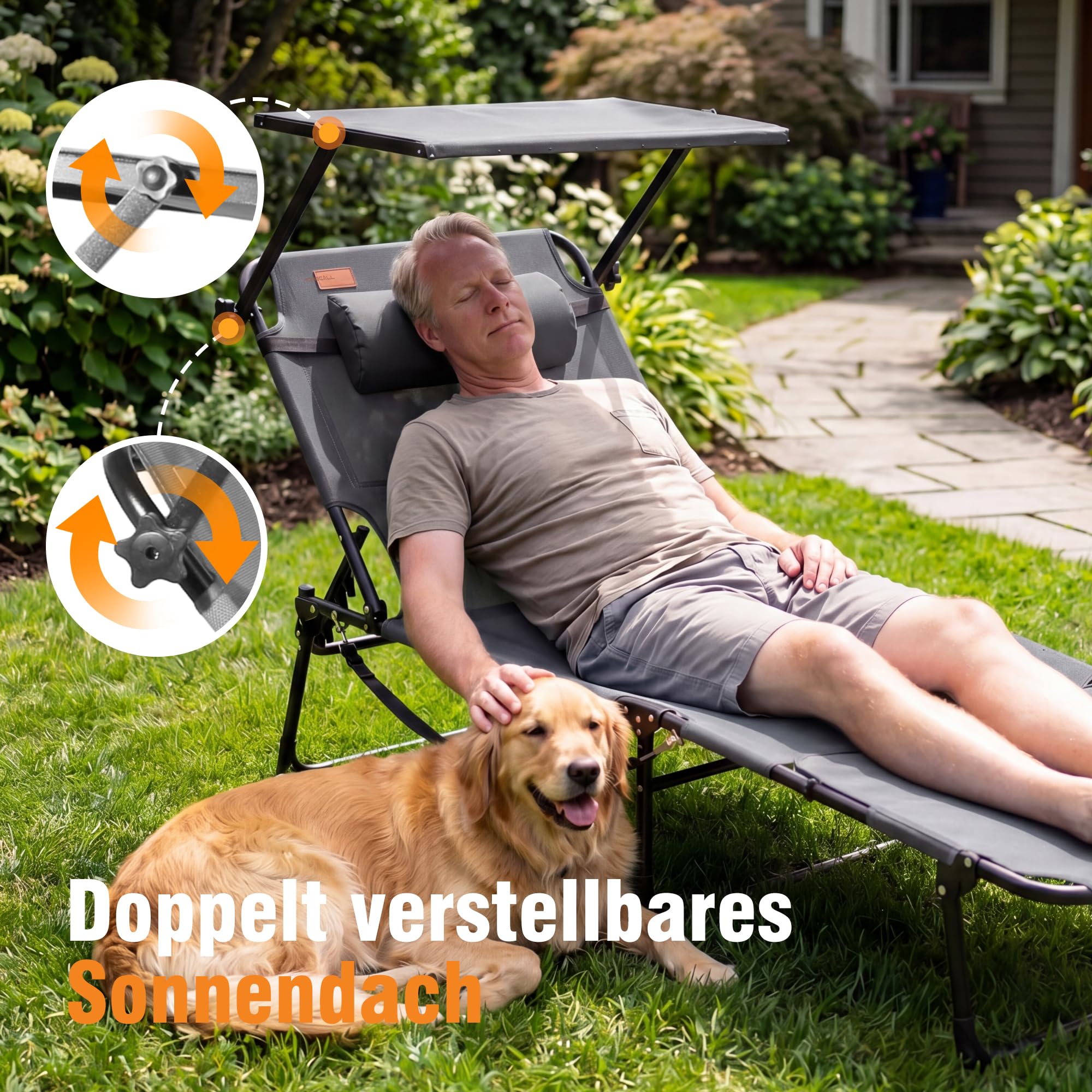 Homecall XXL Sonnenliege mit Gesichtsöffnung & Sonnendach, 200 x 70 cm Gartenliege für Bequeme Bauchlage, klappbarer Liegestuhl mit 4-Fach Verstellbarer Rückenlehne, bis 180 kg (1, Hellgrau)