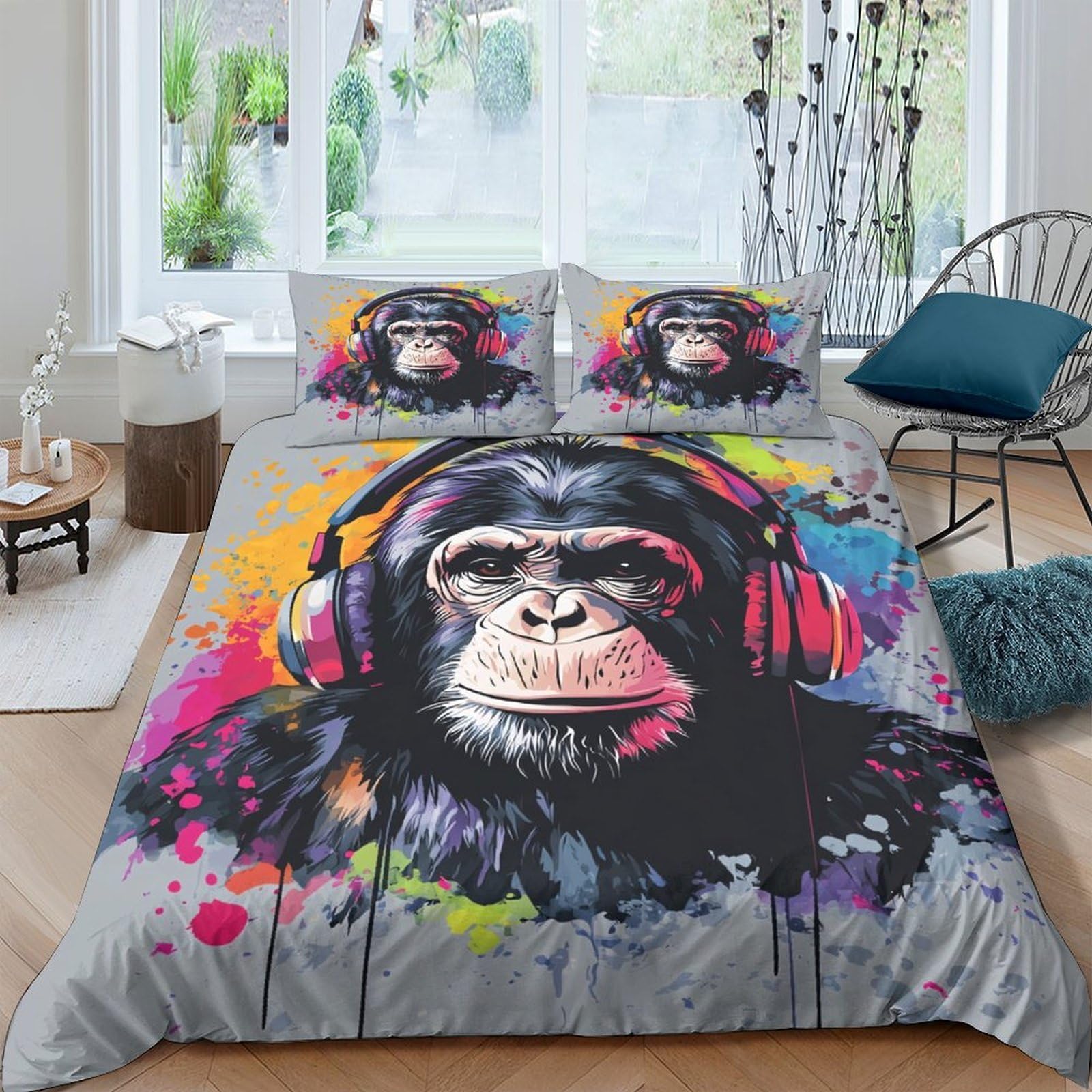Ctjqhvkz Style-5 3D Printed Graffiti Chimpanzee Fitted Sheet Microfiber Soft Washable Headphone Art Mattress Cover For Bedroom Decor Single（135X200cm）