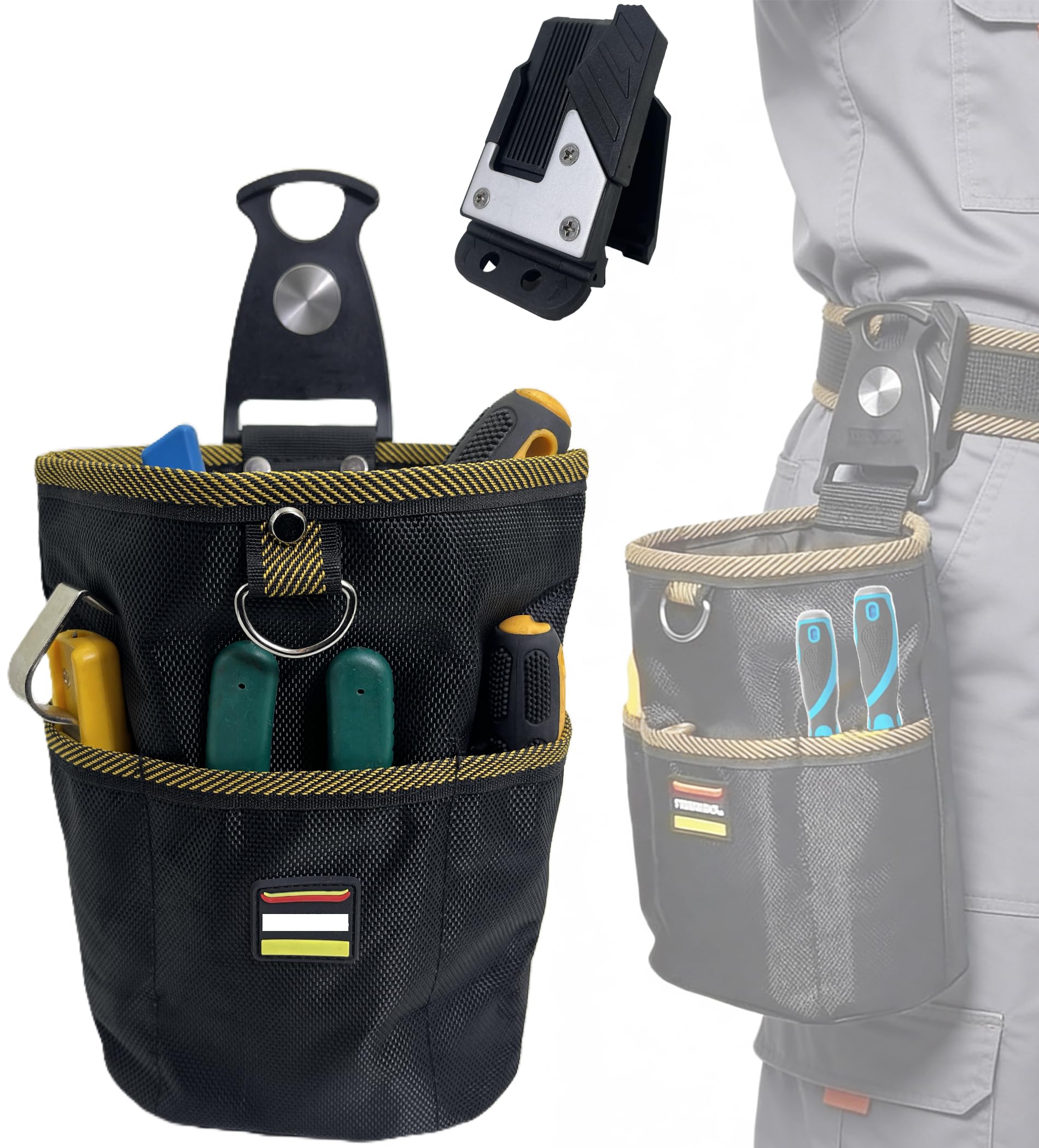 BASINTAN 腰袋 工具入れ 小物入 工具差し付きビスカップ 耐摩耗釘袋・スプリング式袋口・クイック着脱式工具ポーチ・着脱簡単 電工・大工・園芸・釣り向け