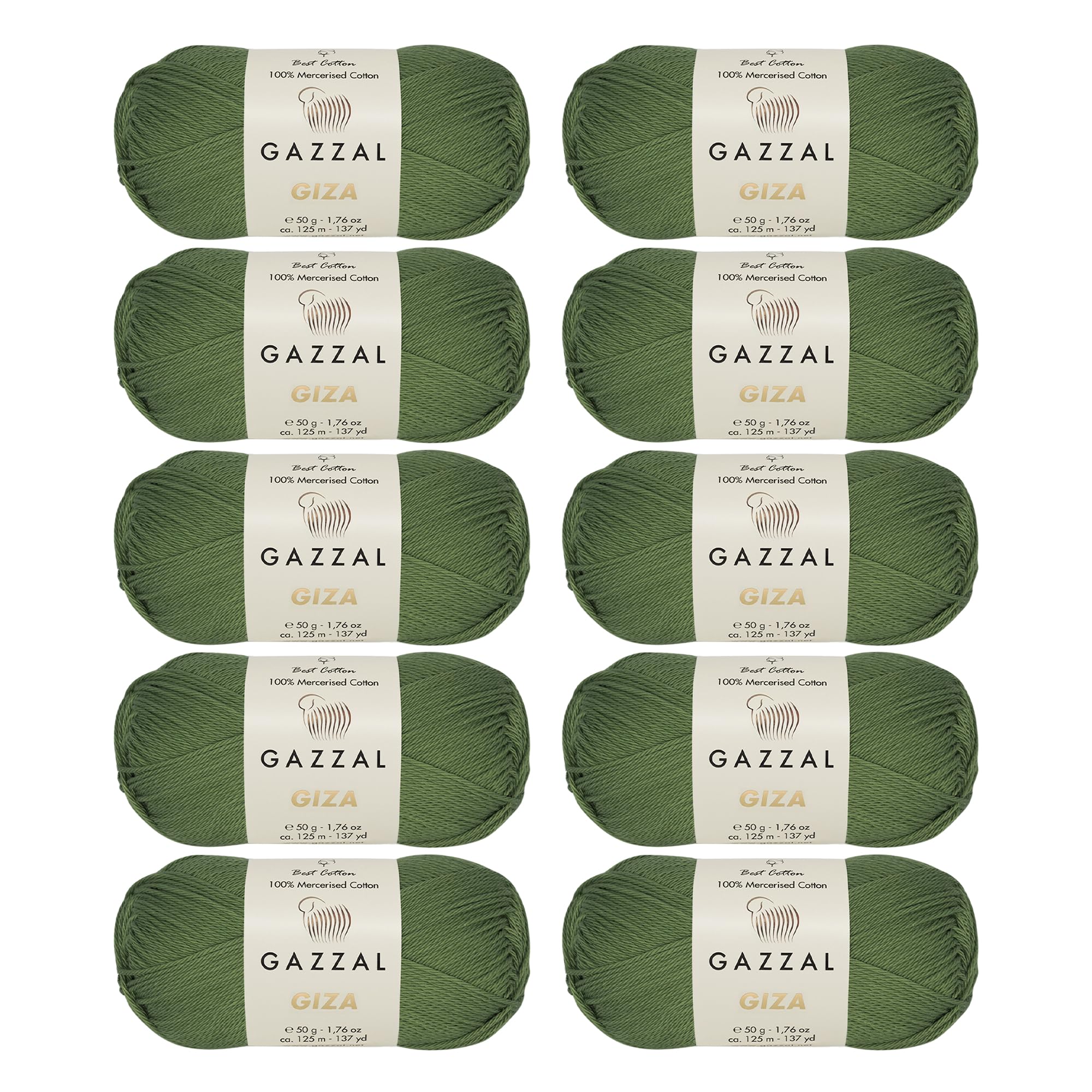 10 motek (opakowanie) Gazzal Giza, 100% bawełna merceryzowana, każda 50 g (125 m) miękka, delikatna 2, oliwkowa zieleń - 2462