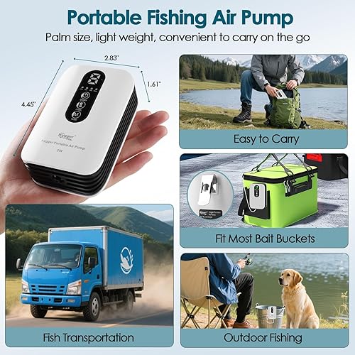 Miniatura 4 de hygger Bomba de aire de acuario alimentada por batería, aireador recargable por USB para cubo de cebo, flujo ajustable silencioso, bomba de aire