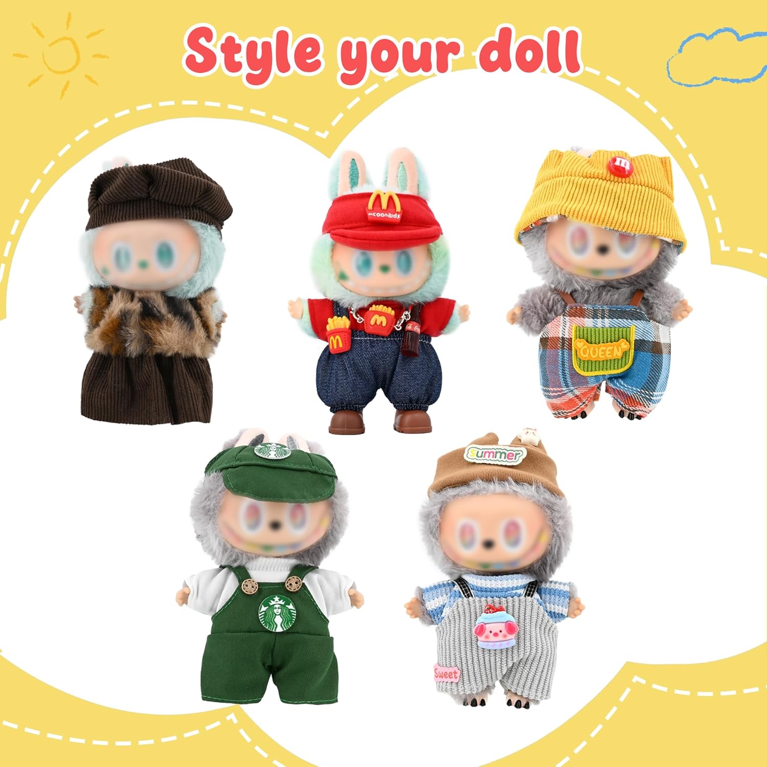 Clothes for Labubu 17cm Dolls (Doll Not Included) Doll Outfits Suit for Labubu Cute Stylish Up Set for Labubu with Top + Overalls + Hat, Plush Texture_Red