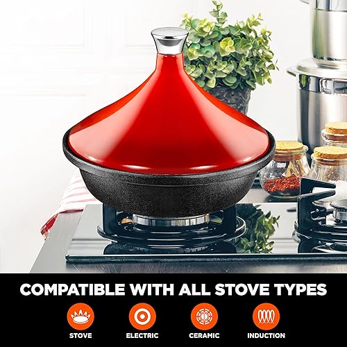 Miniatura 4 de NutriChef Olla marroquí Tagine para cocinar, olla de hierro fundido de alta calidad con perilla de acero inoxidable y tapa esmaltada de porcelana en