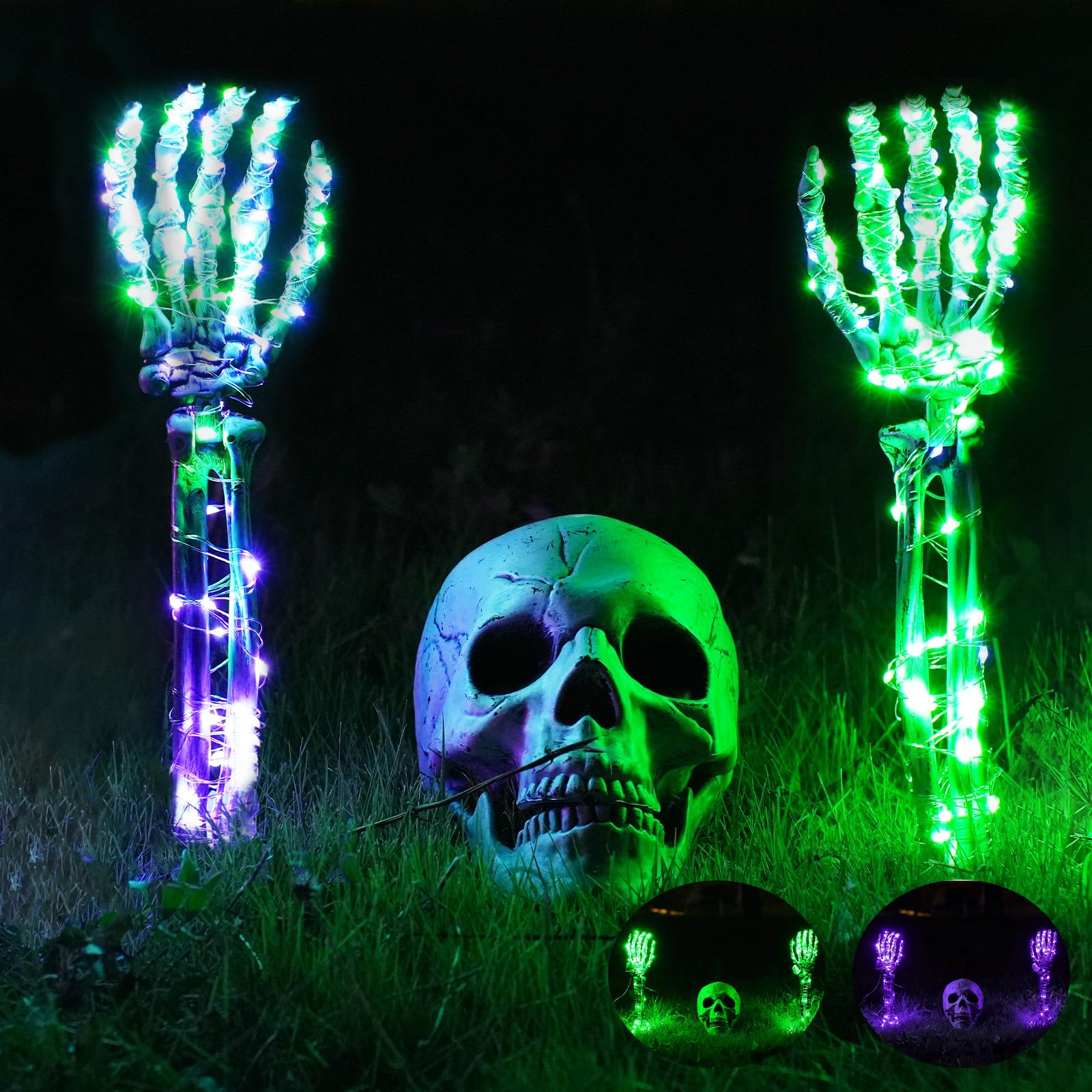 Maxee Halloween Lighted Skeleton Set, Skeleton Head & Arm Stakes with Lights, Realistic Halloween Decor for Outdoor Garden Yard Graveyard, 2 Green 3m LED Lights & 2 Purple 3m LED (3 Lighting Modes)