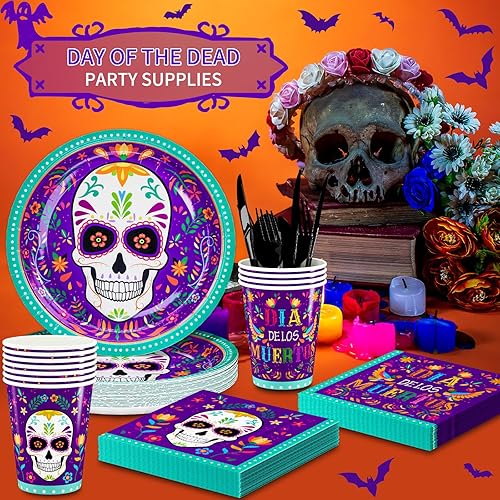 Miniatura 3 de DYLIVeS Suministros para fiesta del Día de los Muertos, platos y servilletas del Día de los Muertos, cubertería y calavera de azúcar, vajilla