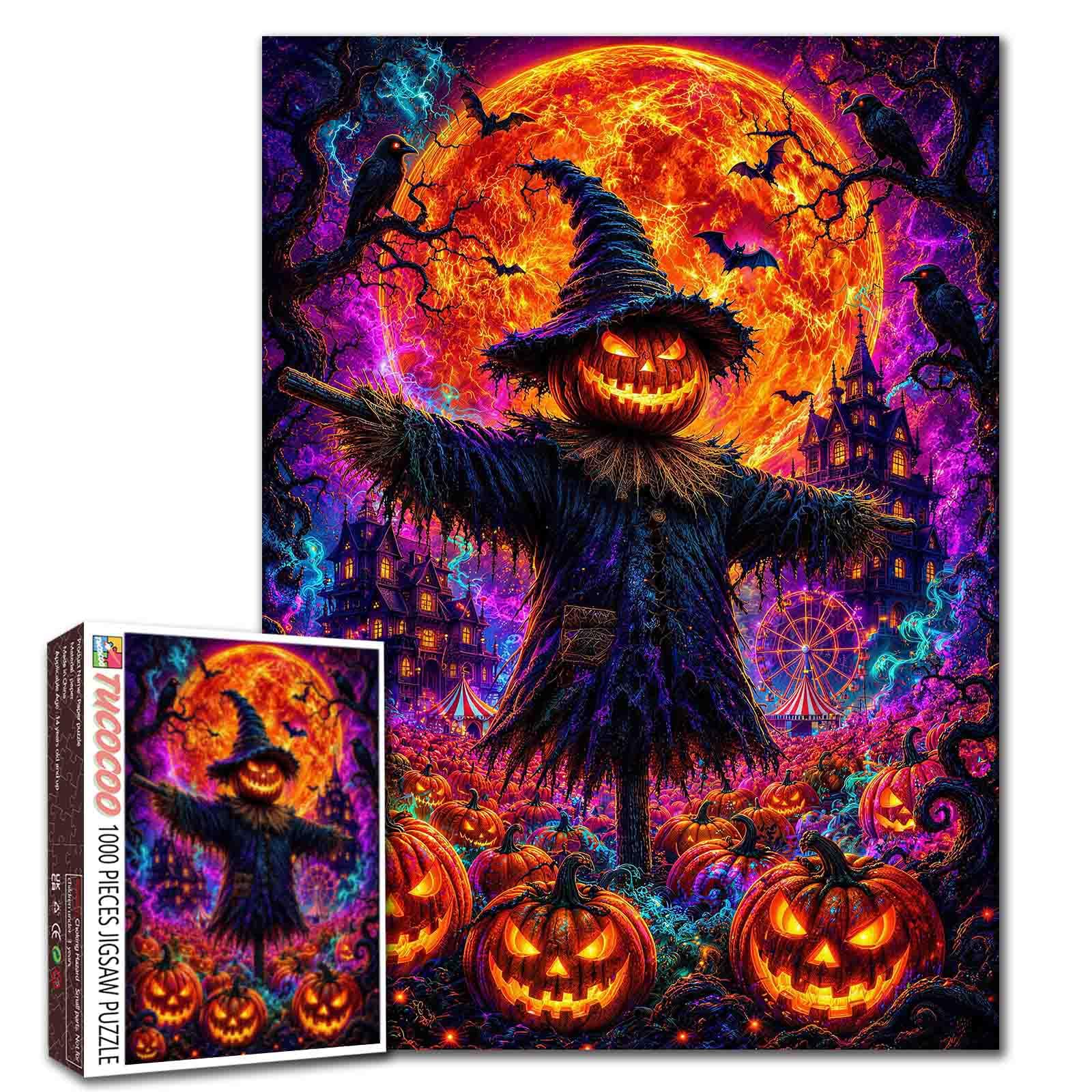 Harvest Moon Scarecrow Halloween Jigsaw Jack O Lantern Raven Bat 1000 Pieces Puzzles for Adults Beginner Gothic Style Picture Challenging Family Activity Games DIY Crafts Puzzle for Home Decor Gifts — image 1