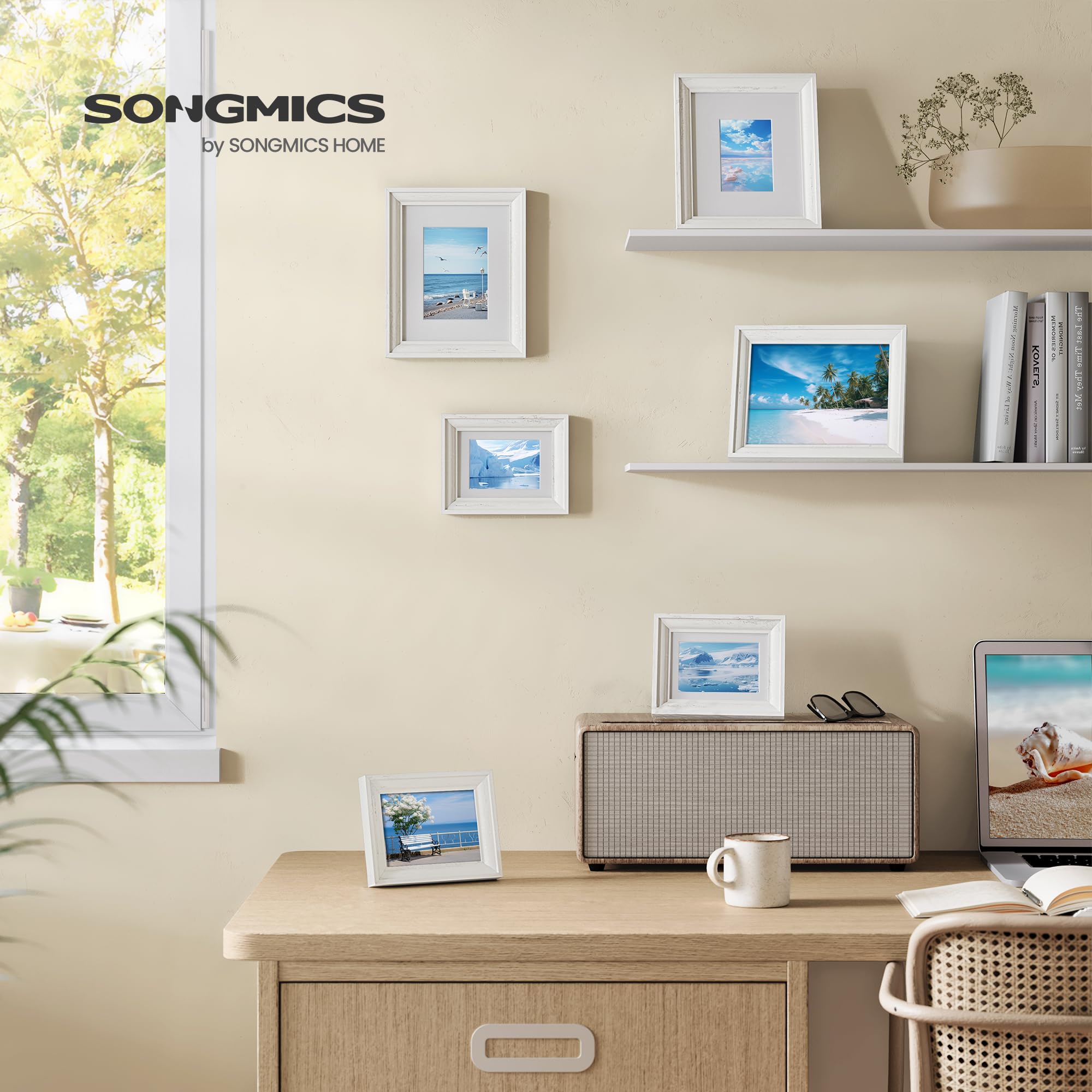 SONGMICS 8x10 Picture Frames with 6 Mats for Wall, Set of 3, Collage Photo Frames for 8x10, 5x7, 4x6 Pictures, Hanging or Table Display, Glass Front, 5 Non-Trace Nails, Rustic White URPF046W01
