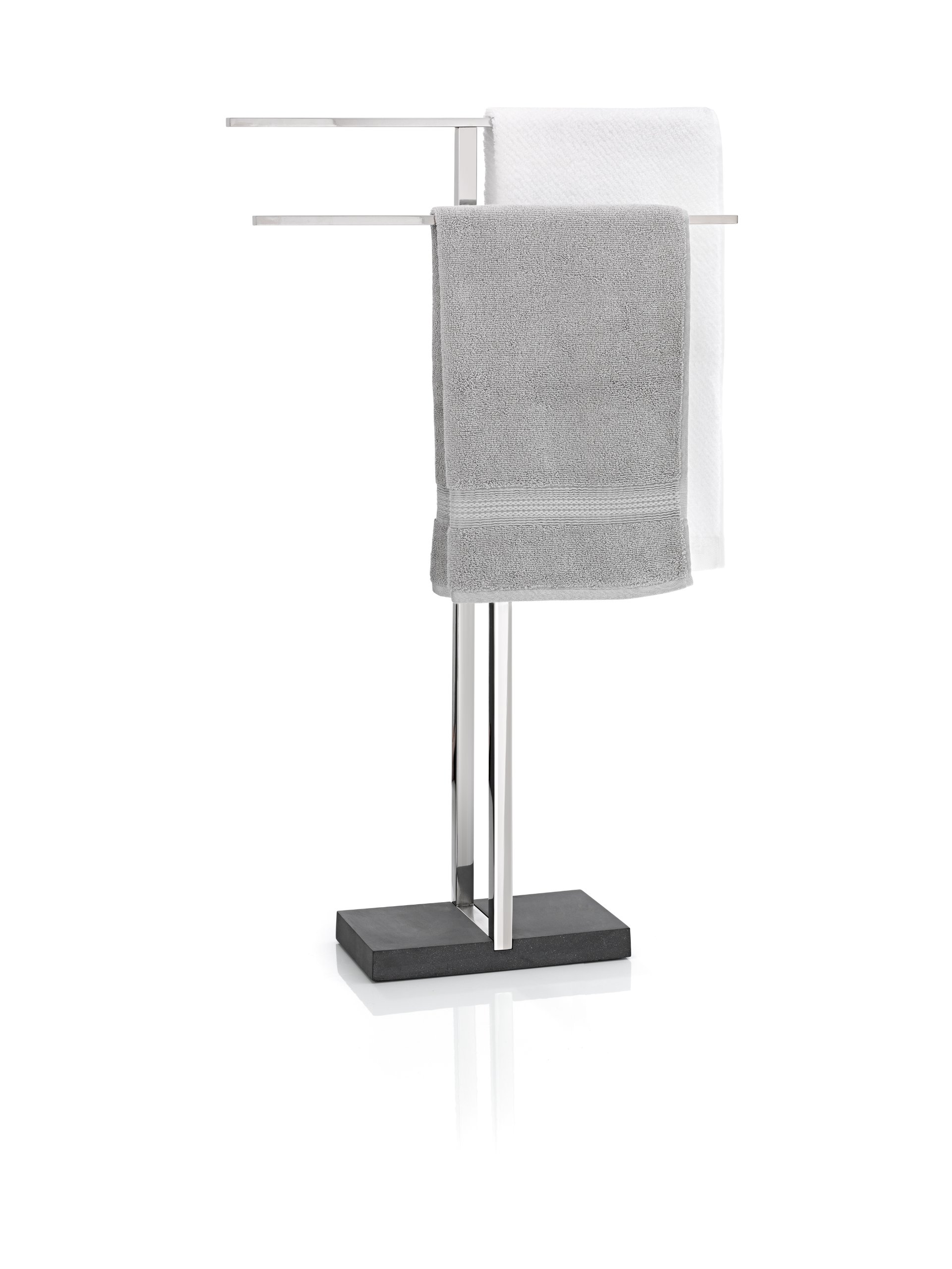 blomus -MENOTO- Handtuchständer aus poliertem Edelstahl, Freistehend mit 2 Handtuchstangen, exklusive Optik, modernes Badaccessoire, Montage ohne Bohren (H / B / T: 86 x 50 x 16 cm, Edelstahl, 68664)