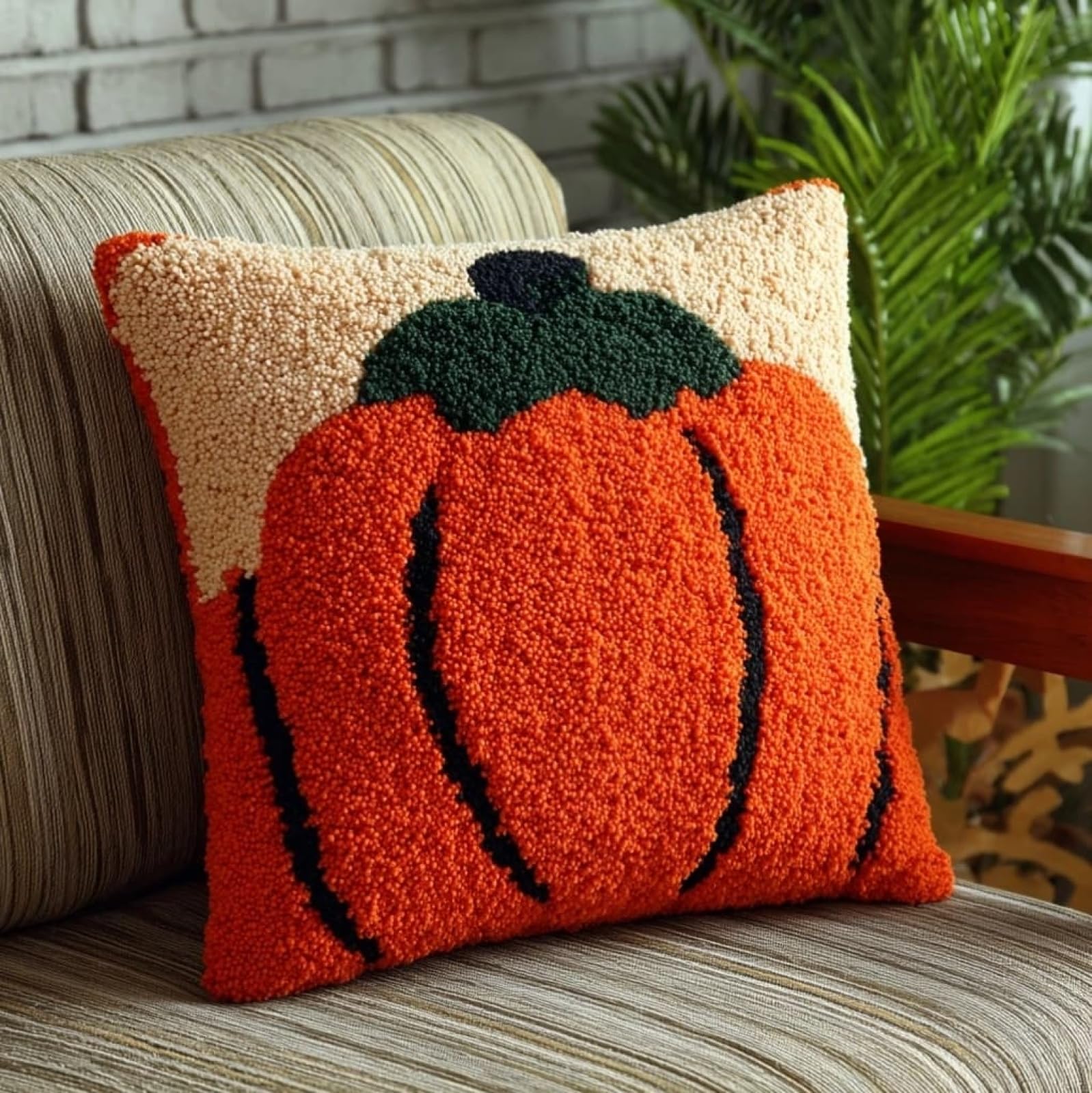 AxiangziK Latch Hook Kits for Adults Beginners 17x17in,Pumpkin Creative Latch Hook Pillow Kit with Preprinted Canvas for Home Decoration and Present 43x43cm