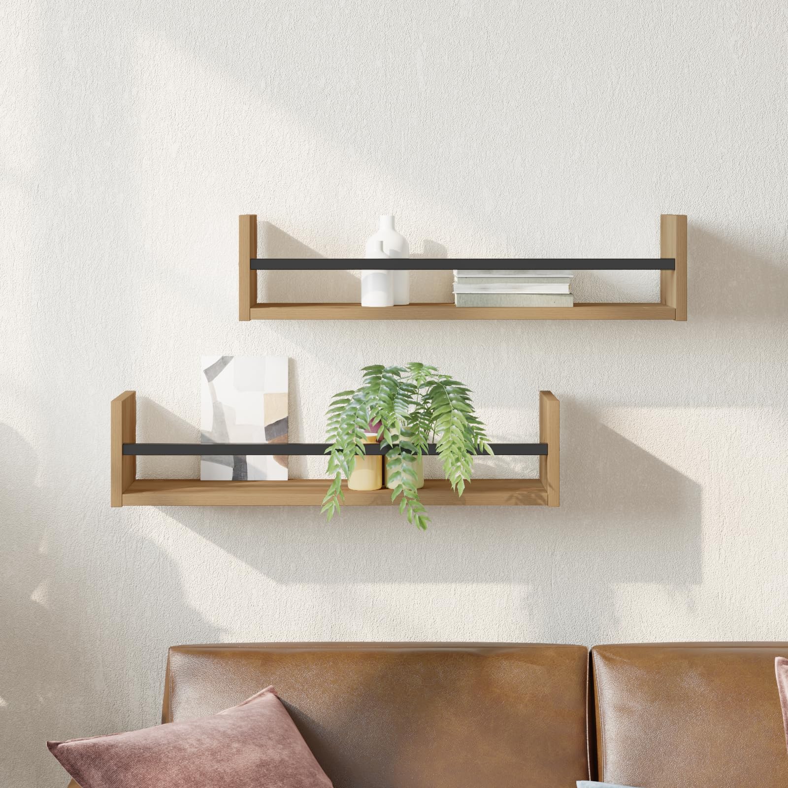 Set di 2 Mensole da Parete in Rovere Massello Artigianale, Finitura Macchiata Marrone, Dimensioni 60x16x14 cm, per Soggiorno Cucina Arredamento Casa con Stile Naturale