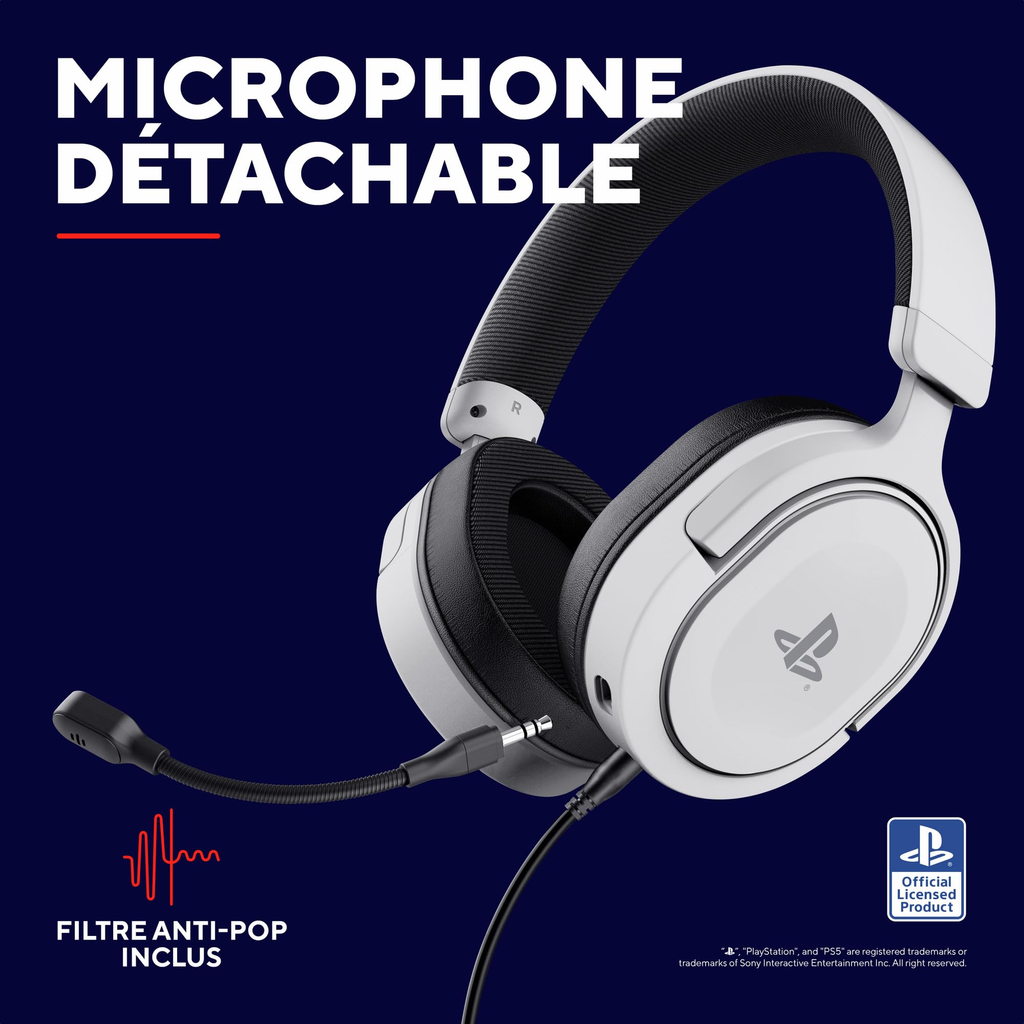 Trust Gaming GXT 498W Forta Casque PS5 Durable, Licence Officielle pour PlayStation 5, Casque Gamer PS4, Arceau Réglable, Câble de 1,2 m, Casque Gaming Over Ear avec Microphone Détachable, Blanc
